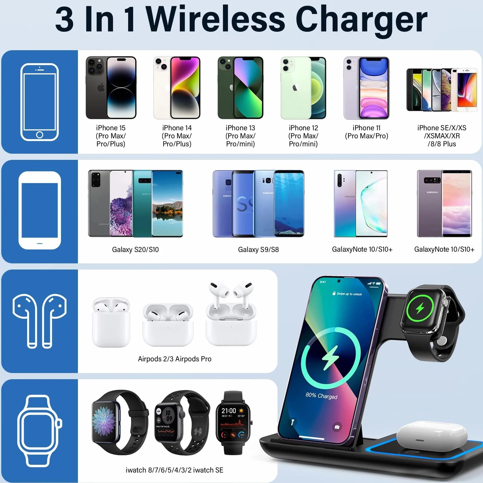 Stacja ładująca 3 w 1 Apple Watch i iPhone, bezprzewodowa ładowarka indukcyjna iPhone, składana stacja ładująca iPhone do Apple Watch AirPods, stacja ładująca do telefonu komórkowego do domu, biura