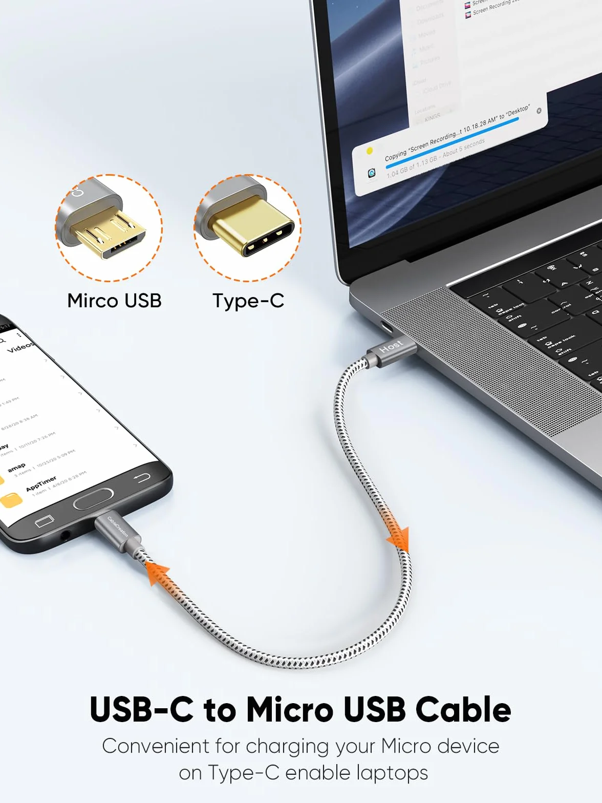 CableCreation Kabel USB C na Micro USB 2.0, 20 cm, OTG typu C na Micro B, Hi-Speed 480 Mbit/s, kabel do transmisji danych kompatybilny z MacBook (Pro), Galaxy S20+, S8, S9, S10, Pixel 3XL, 2XL itd