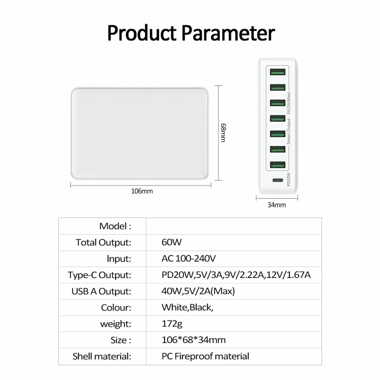 Stacja Ładująca USB O Mocy 60 W, 8 Portów, Szybka Ładowarka PD 20 Typu C, Wieloportowa, Koncentrator Ładujący Z Kablem MożLiwość Szybkiego łAdowania