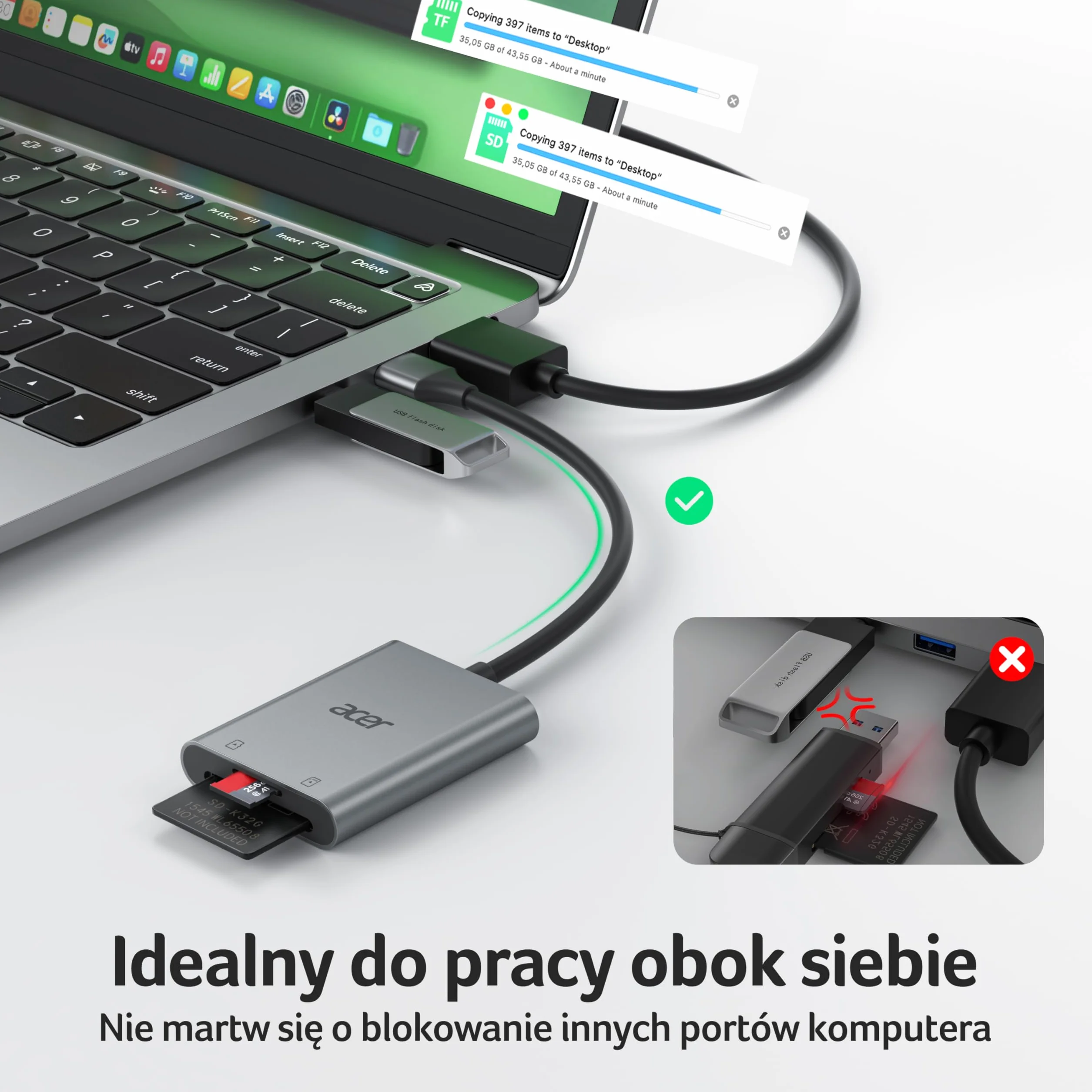 Acer Czytnik kart SD USB 3.0 z kablem, Aluminiowy czytnik kart pamięci UHS-I, USB-A Adapter micro SD Wysoka prędkość, do kart SDXC, micro SDHC, TF, RS-MMC, Komputer, PC, laptop, kamera szlakowa