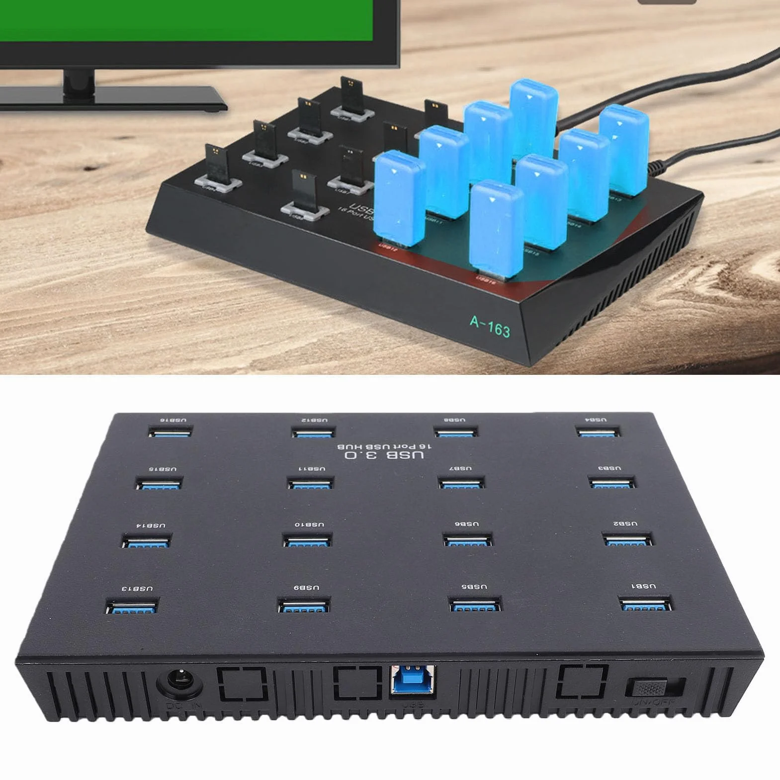 GOWENIC Koncentrator USB 3.0, 16 Portów, Transfer Danych 5 Gb/s, Przemysłowy Koncentrator USB do Testowania Wsadowego, z funkcją Plug and Play, Kompatybilny z Napędem Flash Czytnik (wtyczka UE)
