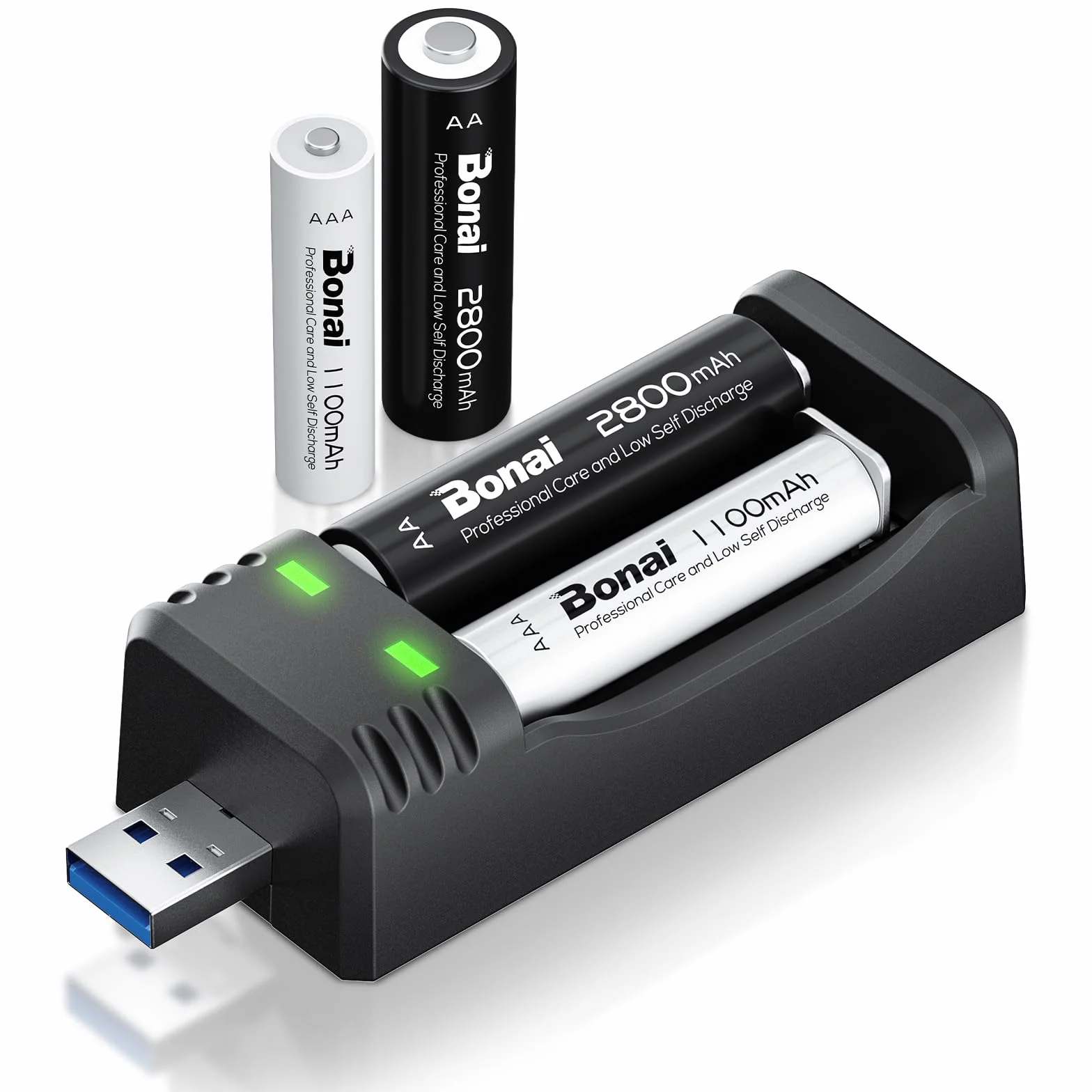 BONAI Akumulatory AA i AAA 1,2 V 2800/1100 mAh do ponownego ładowania, wysoka pojemność z ładowarką, ładowarka USB, szybka ładowarka USB do akumulatorów AA AAA Ni-MH