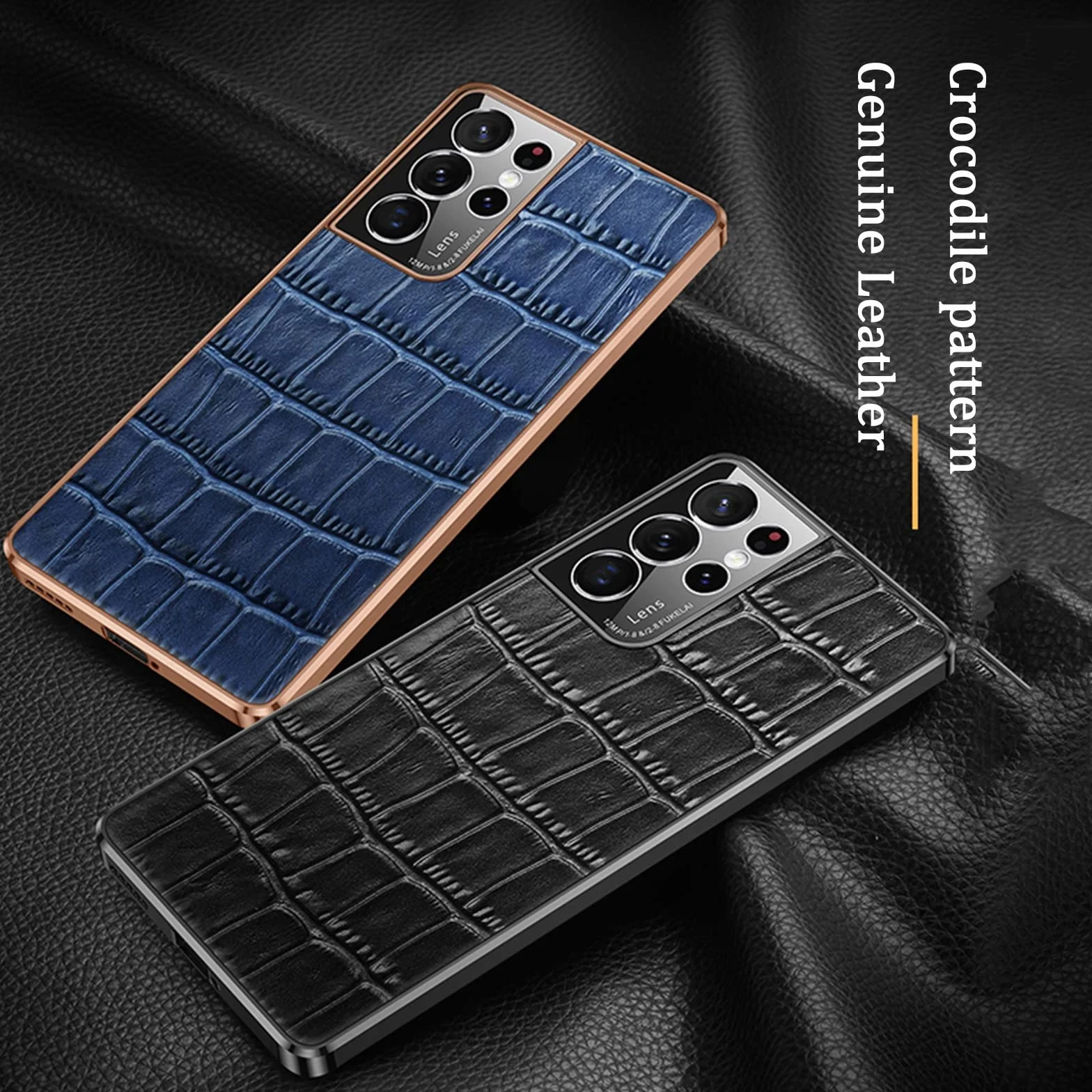 Etui do Samsung Galaxy S22/S22 Plus/S22 Ultra, etui z prawdziwej skóry krokodyla materiał premium odporny na zarysowania, smukła osłona ochronna, całość na aparat, czarny, S22 6,1 cala