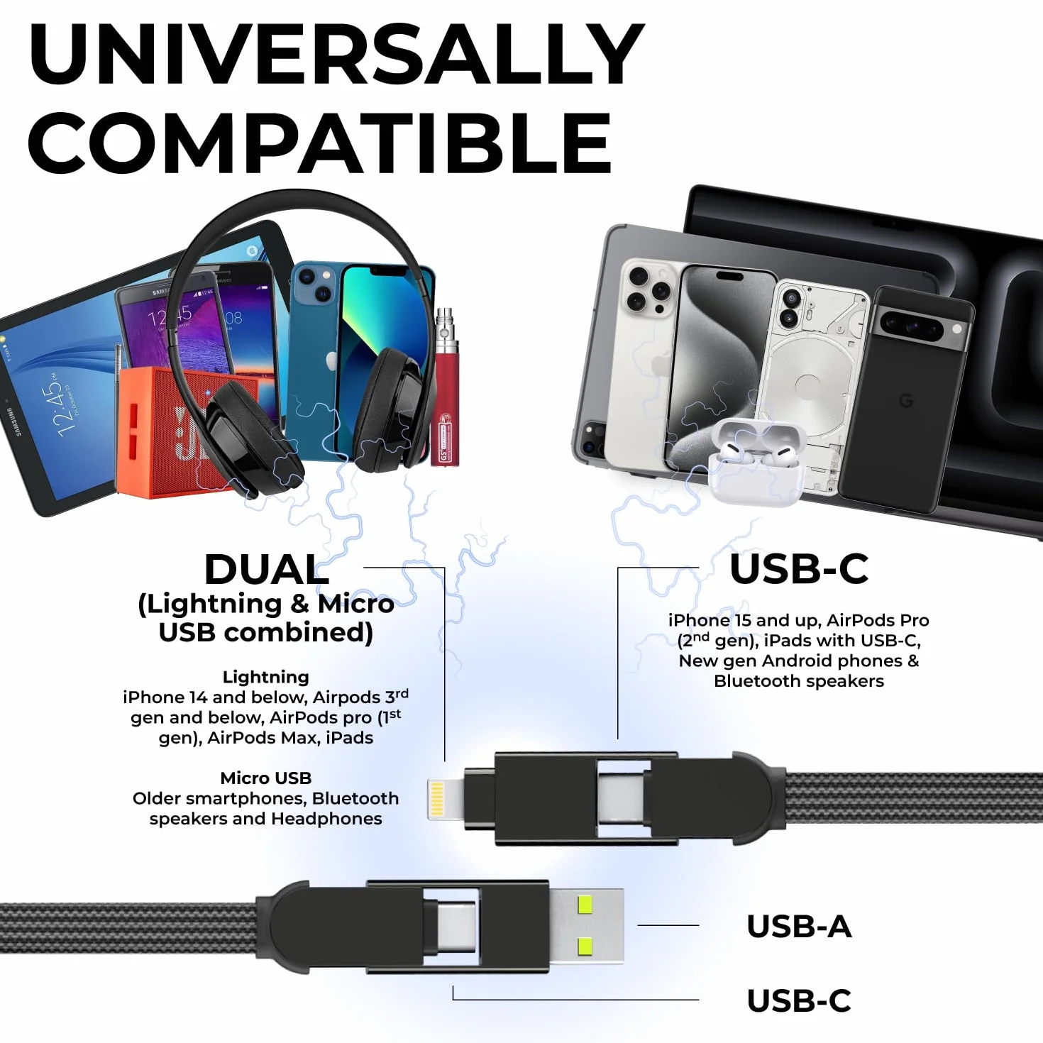 Rolling Square inCharge XL 200 cm – kabel USB C, uniwersalny kabel do smartfona, prezent dla mężczyzn, uniwersalna ładowarka 6 w 1 do smartfonów, czarny, kabel Lightning 100 W, opakowanie 3 szt