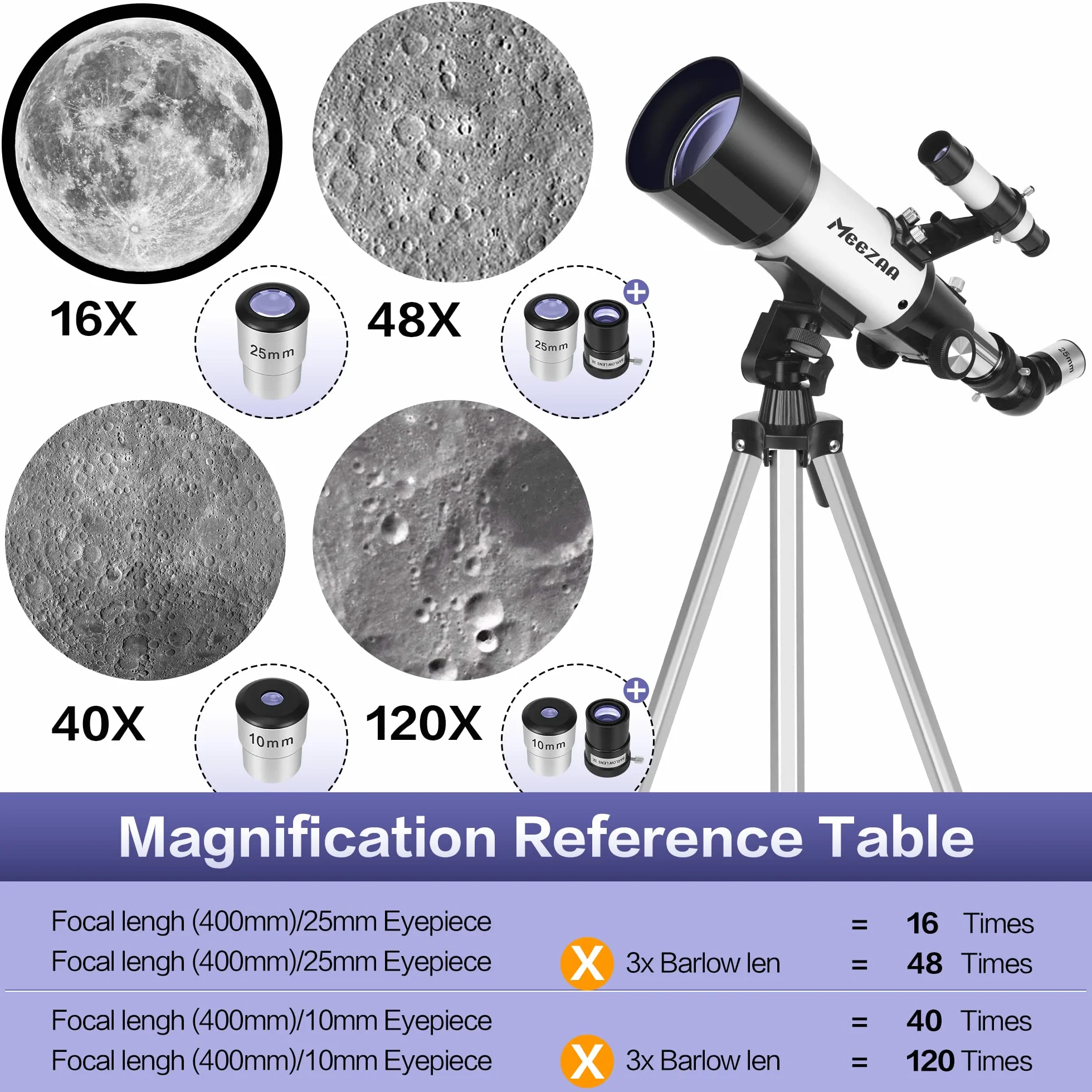 MEEZAA Teleskop dla dorosłych, otwór 70 mm i ogniskowa 400 mm, profesjonalny teleskop astronomiczny dla dzieci i początkujących, z statywem z stali nierdzewnej i adapterem do smartfona