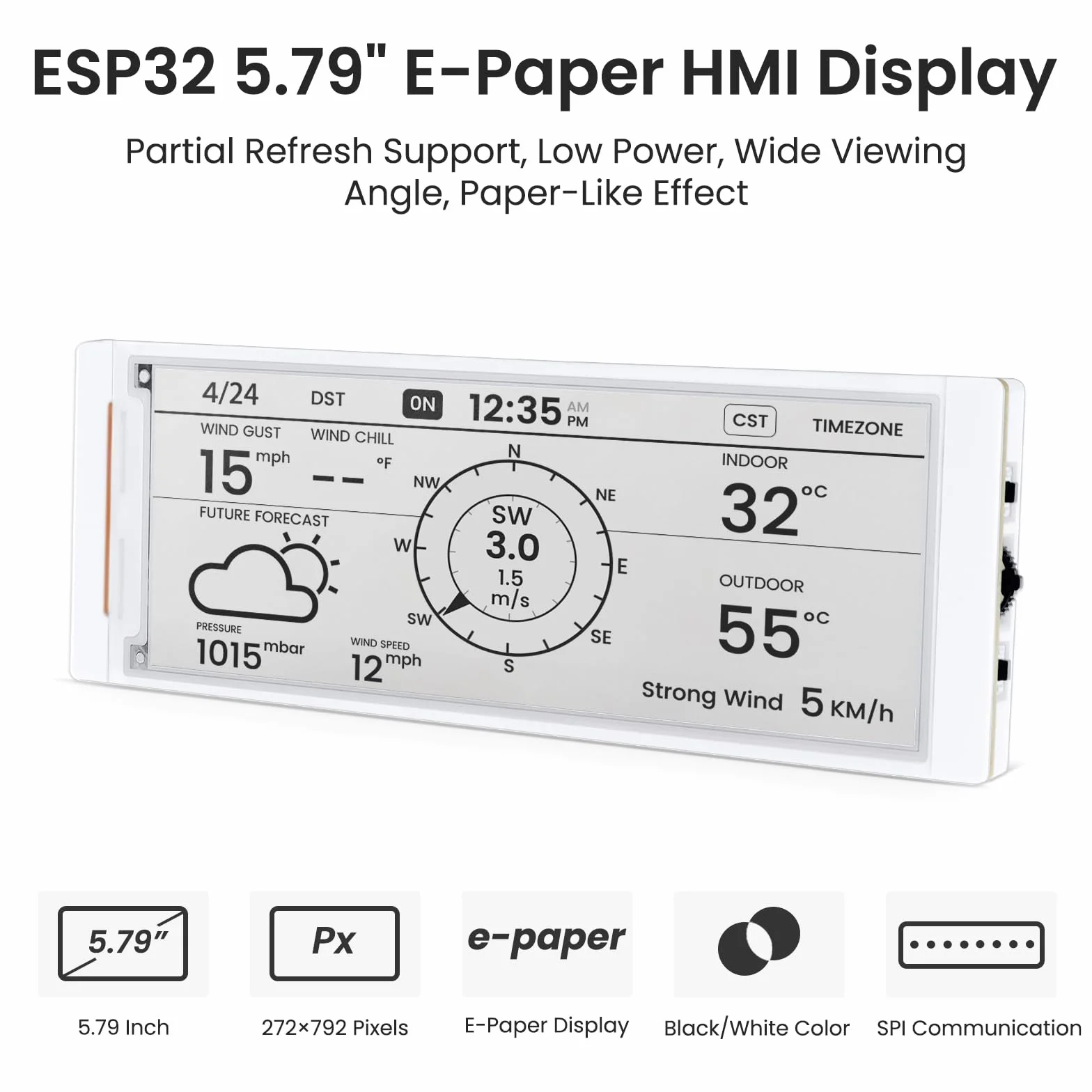 ELECROW ESP32 Wyświetlacz E-Ink 14,7 cm (5,79 cala), CrowPanel E-Paper HMI Wyświetlacz Kompatybilny z Arduino IDE, E Ink Ekran z Rozdzielczością 272x792 Koloru Czarno-Białego, Sterowany przez