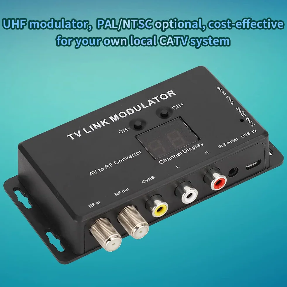 ASHATA UHF modulator, TM70 UHF TV LINK Modulator Konwerter AV na HF Przedłużacz podczerwieni z wyświetlaczem kanałów, obsługuje PAL/NTSC z kablem USB do ładowania laptopa