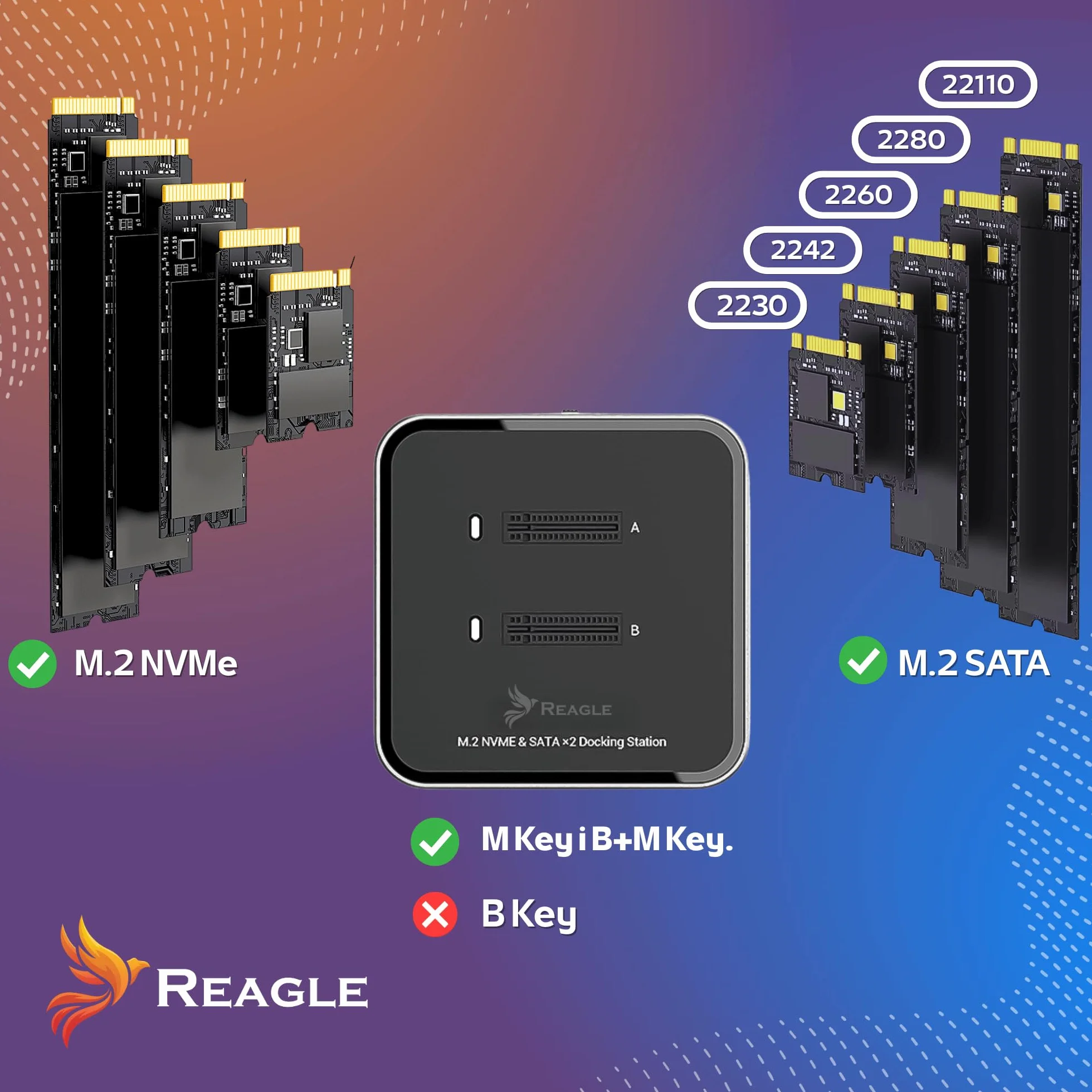 Reagle Dual M.2 NVMe SATA stacja dokująca, USB-C 3.2 Gen2 10 Gbit/s, 2 × M.2 SSD jednocześnie, wsparcie 16 TB, aluminiowa obudowa, klucz M i B+M Key, Plug & Play, w zestawie kabel USB-A/USB-C