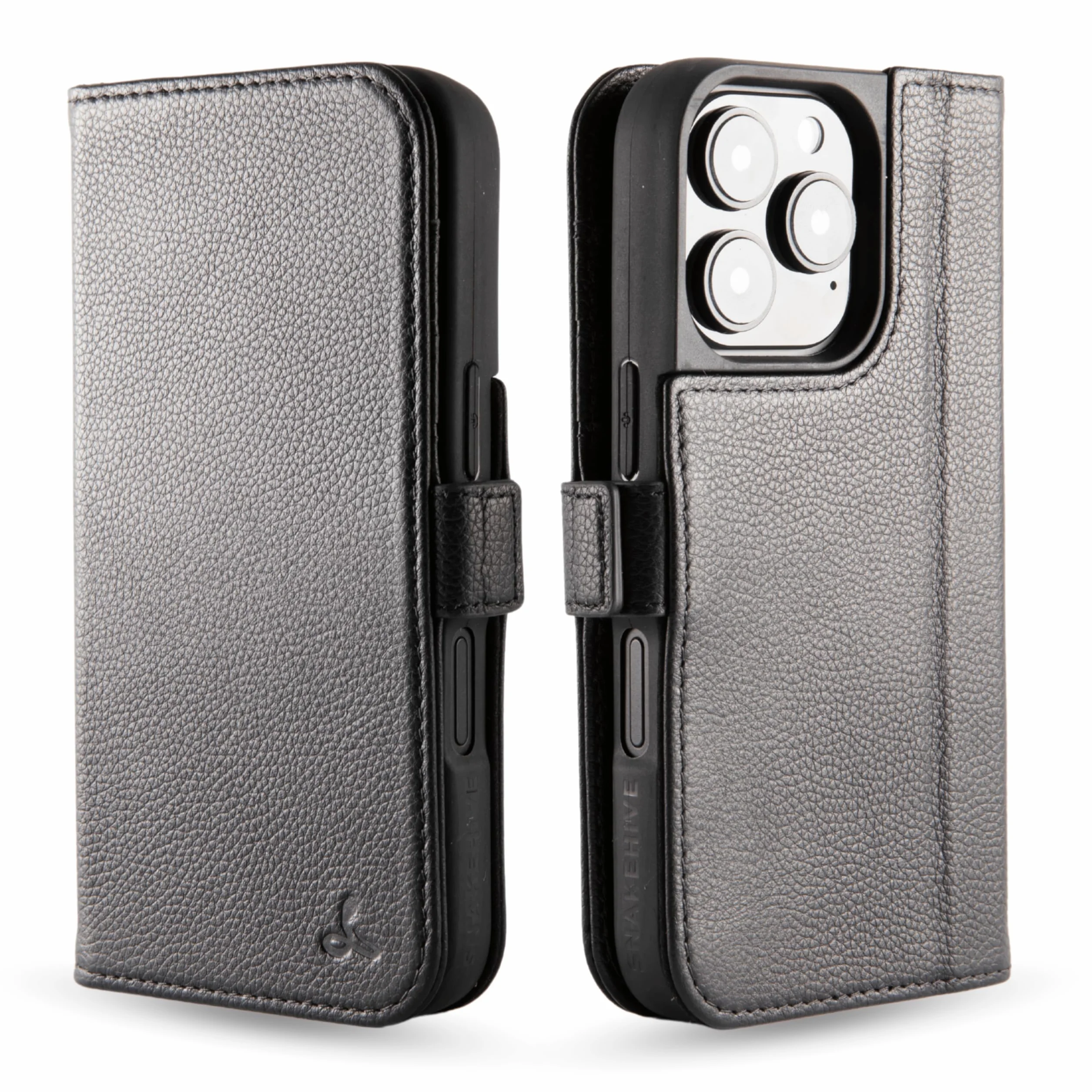 Snakehive Etui portfelowe do iPhone 16 Pro Max, etui z prawdziwej skóry na karty, odporne na wstrząsy, etui magnetyczne, podpórka, zapięcie boczne, model vintage, w kolorze czarnym