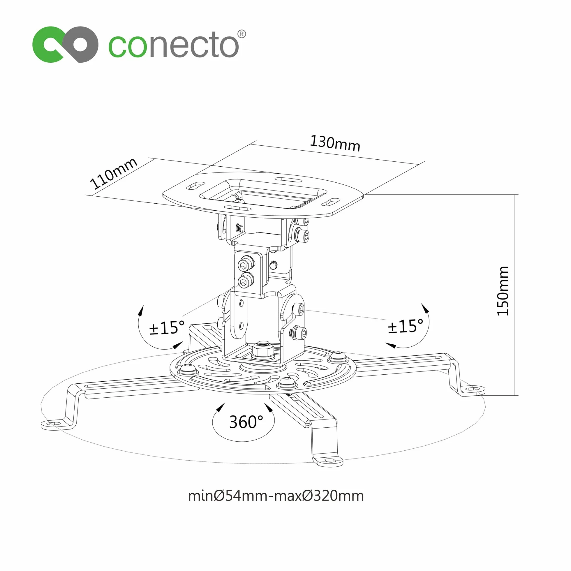 conecto Uchwyt sufitowy do projektora, możliwość pochylenia (+/-15°), wychylny o 360°, obrotowy o 360°, odstęp sufitu 15cm, nośność maks. 13,5kg, uniwersalny zakres montażu 5,4-32cm, czarny SA-CC50280-B
