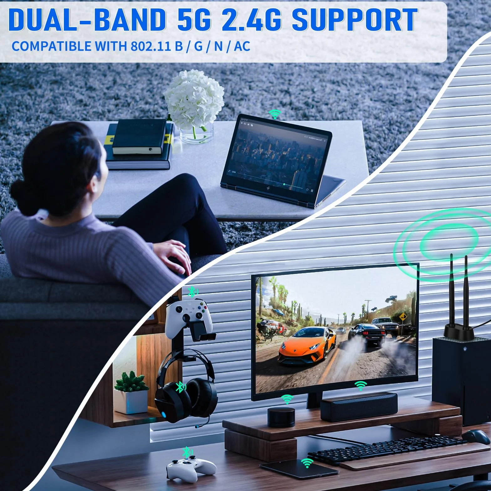 Eightwood Antena WiFi Dual Band 2,4/5/5,8 GHz RP-SMA z magnesem, przedłużacz kabla do routera