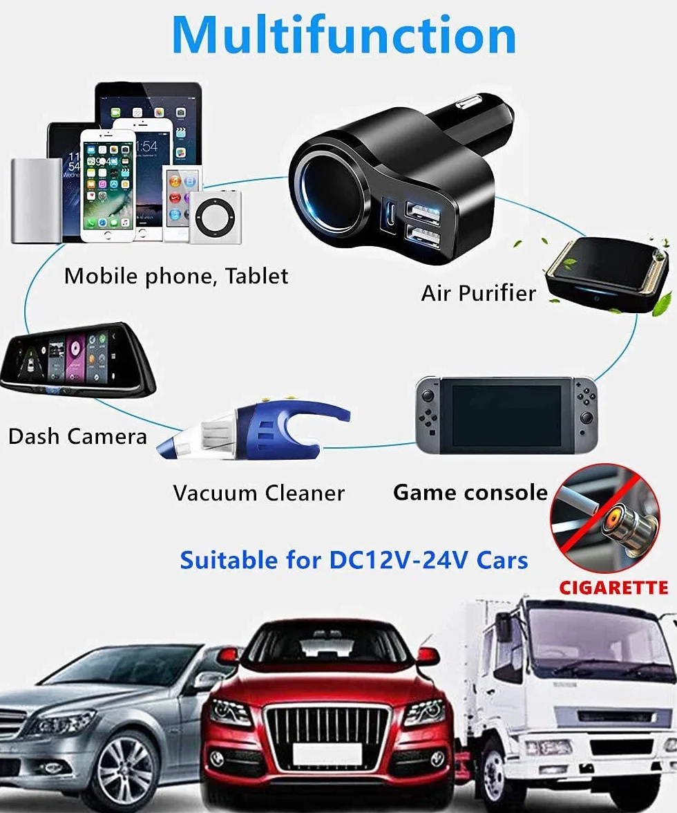 Ładowarka samochodowa 4 w 1 PD 3.0 do gniazda zapalniczki samochodowej rozdzielacz USB 12 V ładowarka samochodowa 168 W szybkie ładowanie mini adapter USB gniazdo do iPhone 17 16 15 14 13 12 Samsung