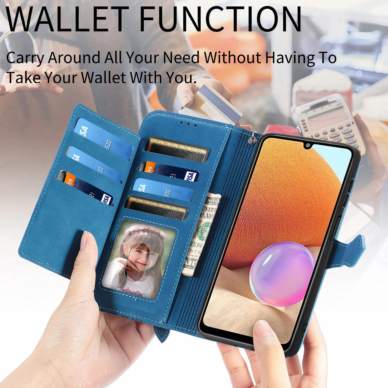 Etui na Samsung Galaxy A32 4G, klapką skórzane etui z zamkiem błyskawicznym zapięcie magnetyczne z podpórką i przegródkami na karty odporne na uderzenia - Niebieski