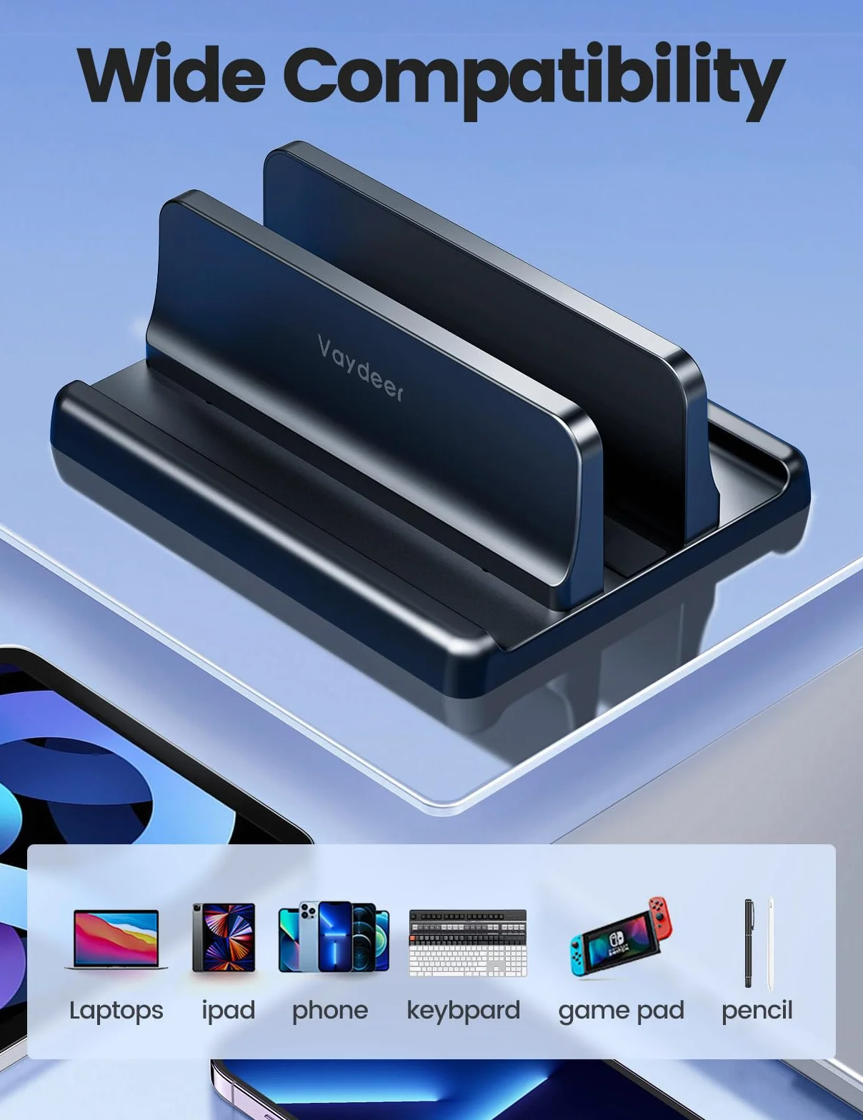 VAYDEER Stojak pionowy do laptopa 3 w 1 kompatybilny z MacBook Air Pro iPad tablet notebook do 17,3" biały