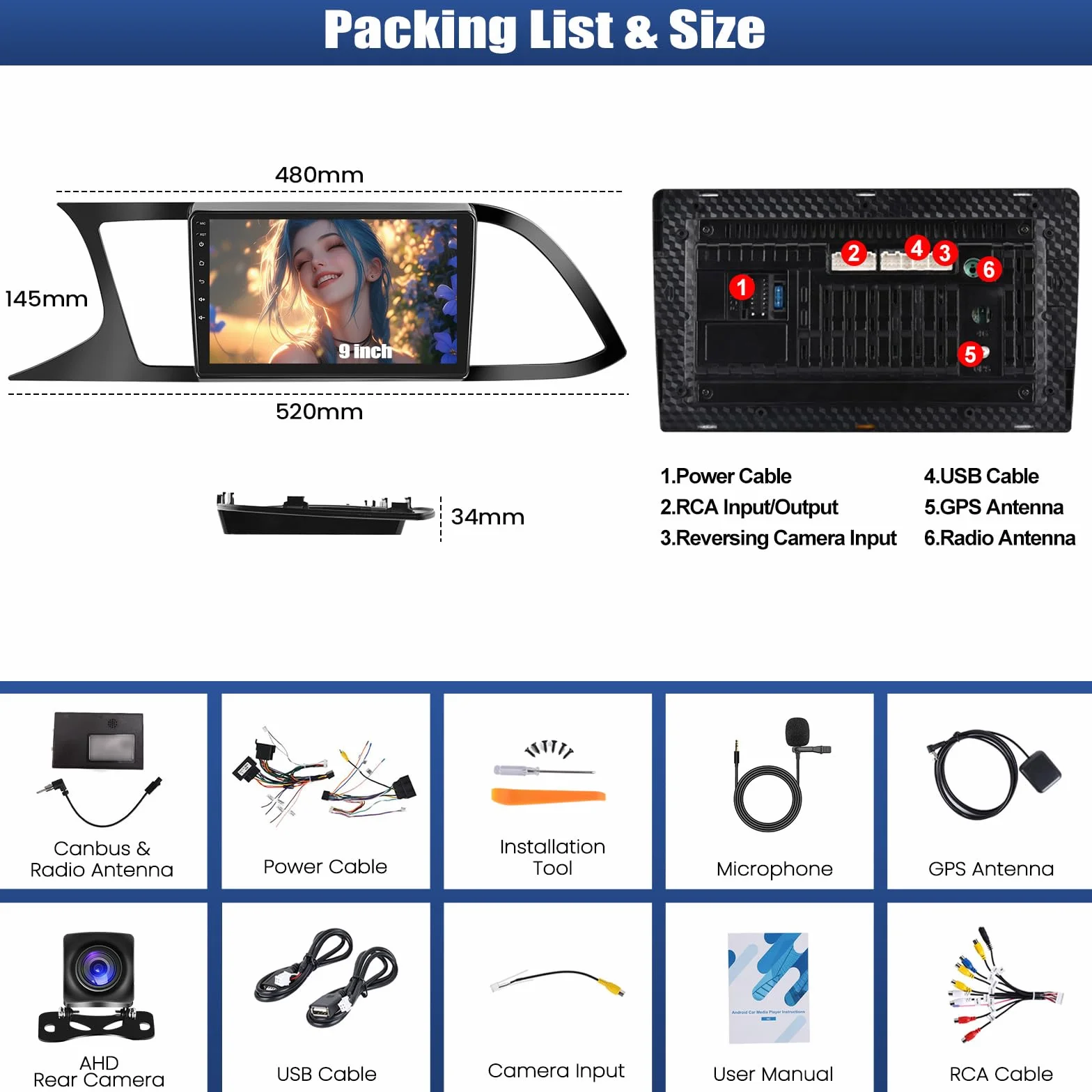 CAMECHO Radio samochodowe 2+64G 9 cali do Seat Leon 2015-2018, Android 13 z kamerą cofania, GPS, Wi-Fi, bezprzewodową funkcją CarPlay, Bluetooth HD Radio z systemem Android, FM, RDS