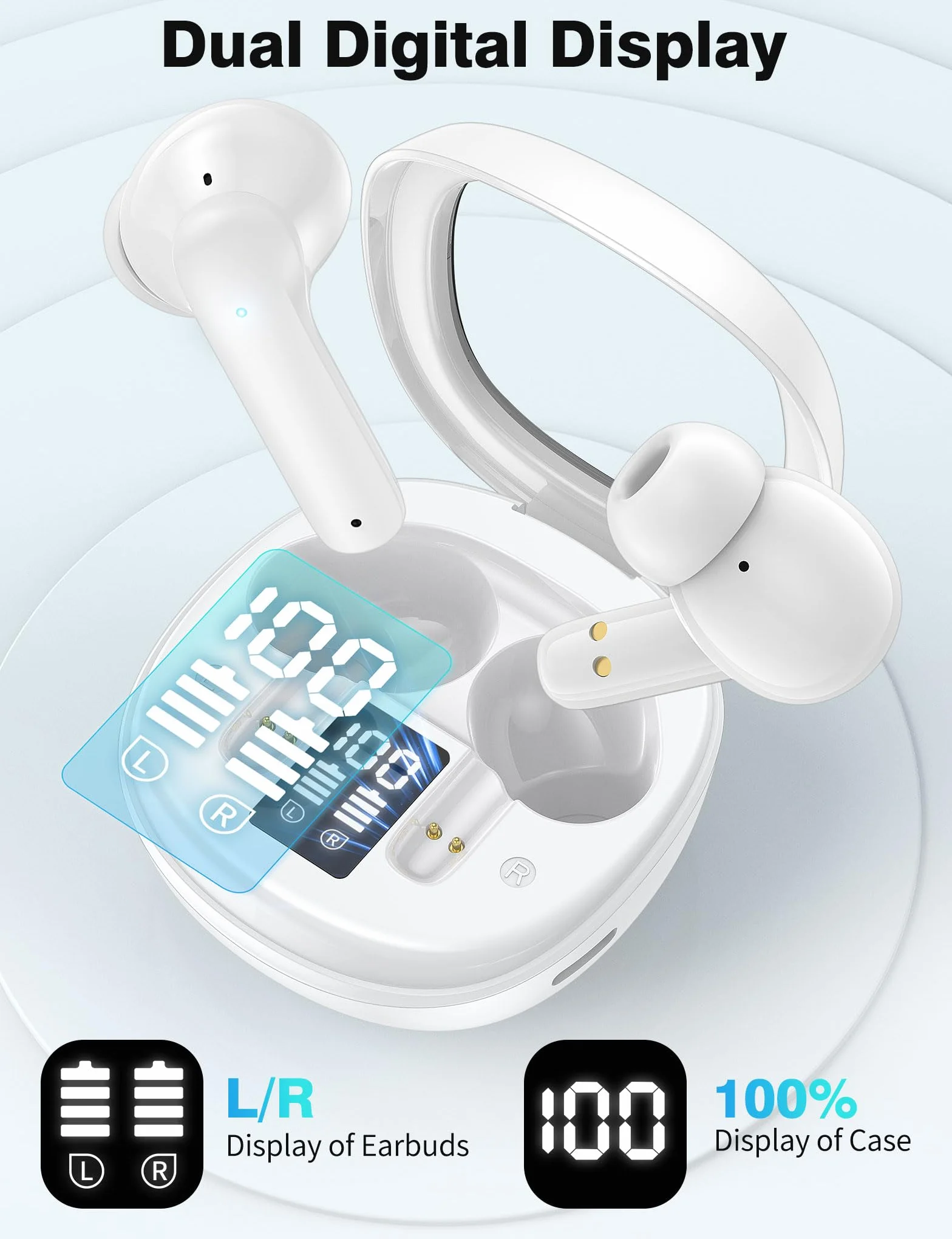 iMangoo Bezprzewodowe słuchawki douszne Bluetooth 5.3 z wyświetlaczem LED 50 godzin ENC | Słuchawki bezprzewodowe USB C z mikrofonem ENC do iPhone 17 Pro Max 14 13 pikseli 10a 9a do Samsung A17 A26 A57 A37 A56