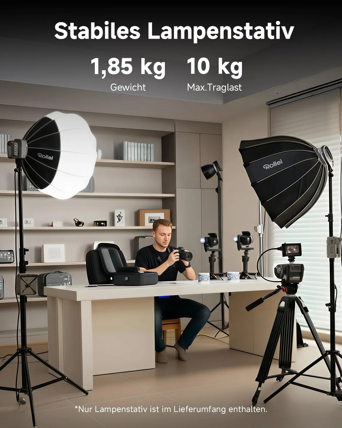 Rollei Profesjonalny statyw do lampy 285 cm - wytrzymały aluminiowy statyw do lamp studyjnych, regulacja wysokości w zakresie od 125 do 285 cm, w zestawie amortyzacja uderzeń - czarny