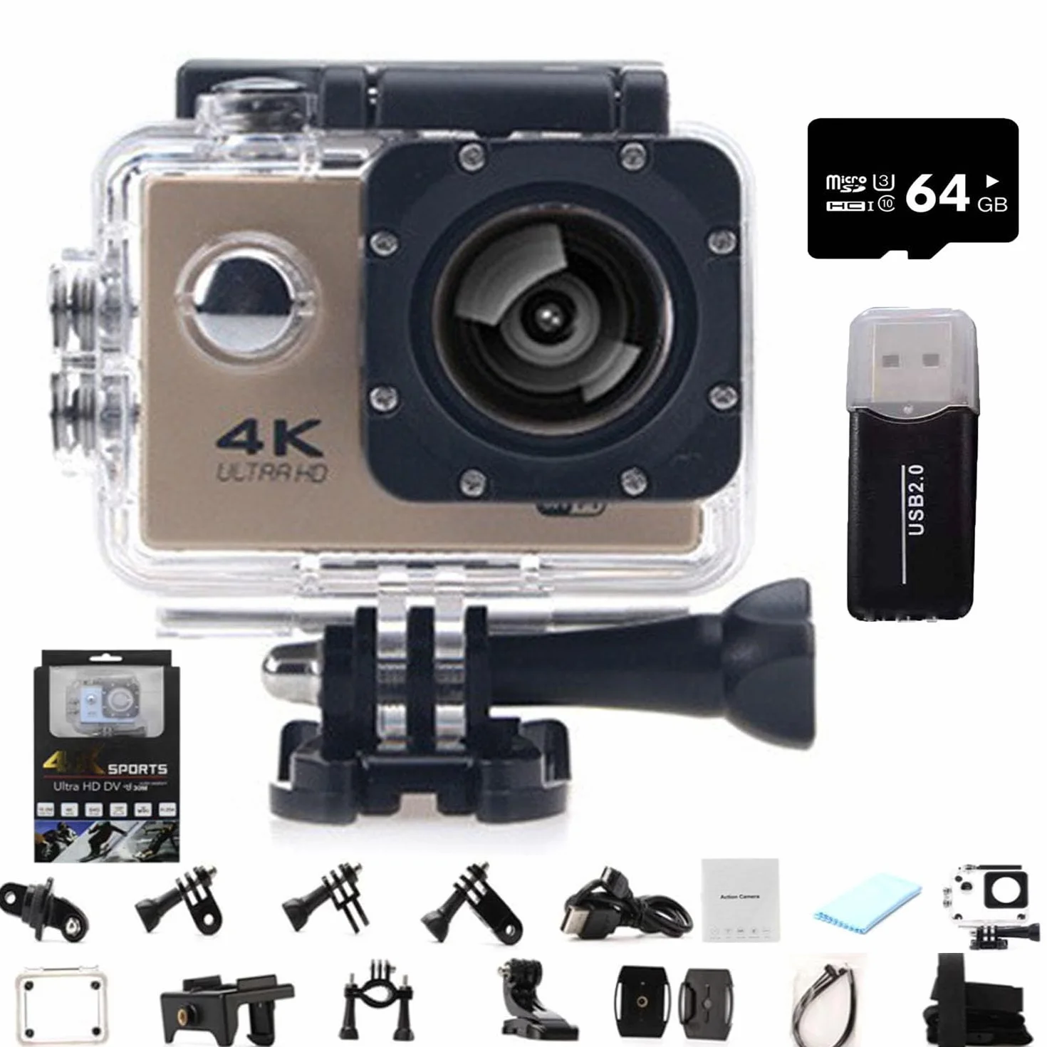 Roamix Vision kamera sportowa 4K, ulepszona kamera WiFi 2026 170°, ultra szerokokątna, outdoorowa, wodoodporna, sportowa kamera wideo dla entuzjastów fotografii i nurkowania, złota, 64 g
