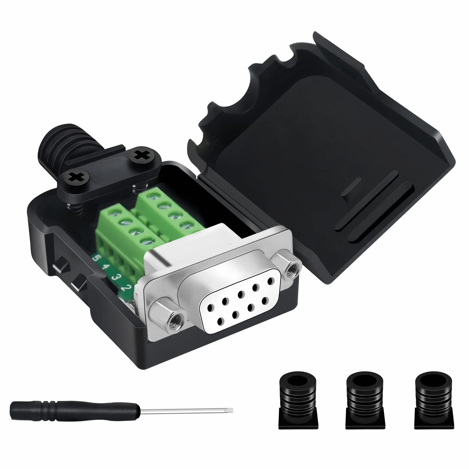 DB9 Breakout Connector, DB9 Solderless RS232 D-SUB żeńskie adaptery szeregowe 9-pinowy port biały adapter do modułu sygnałowego złącza zaciskowego z obudową i nakrętką