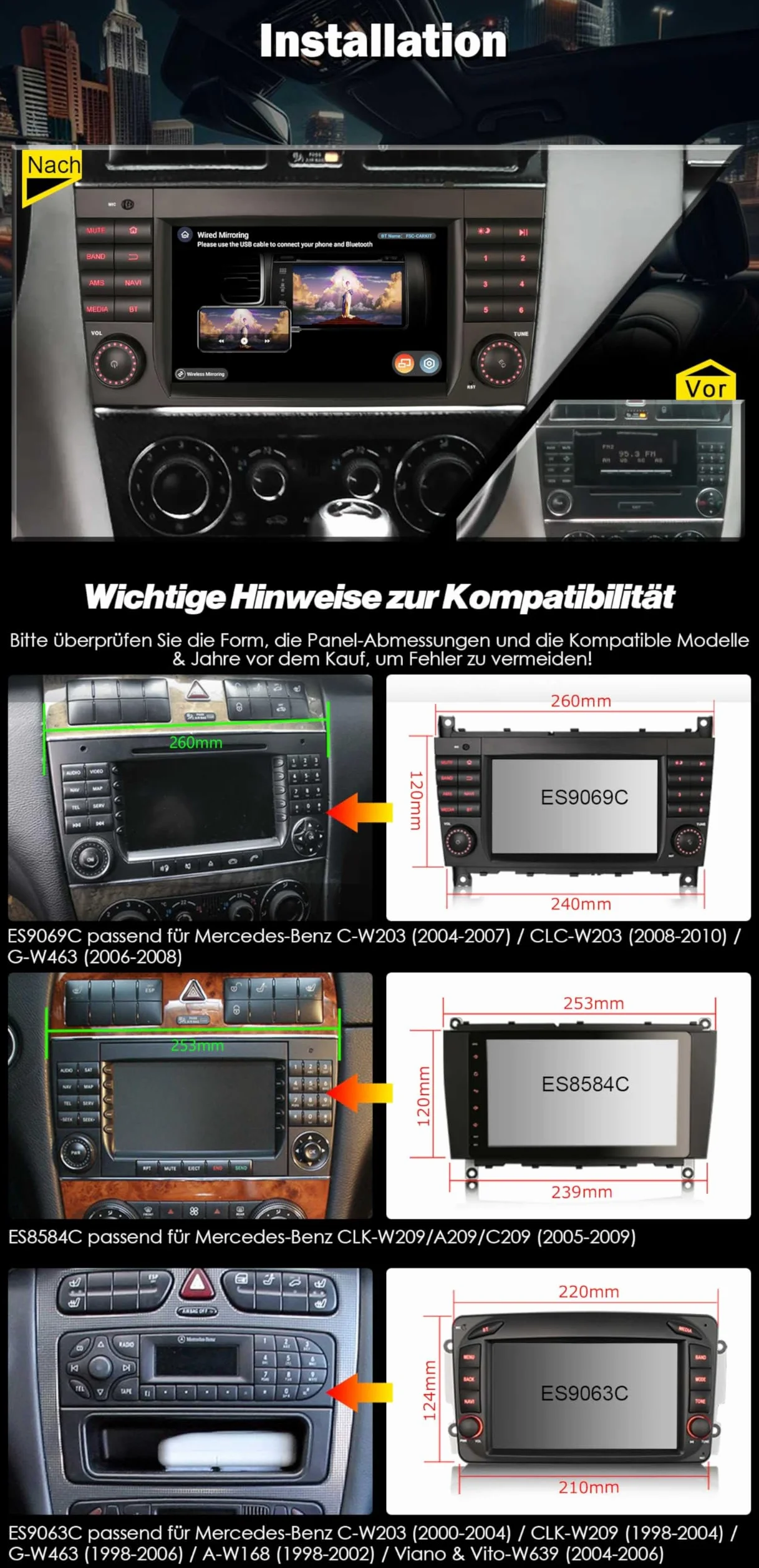 Qualcomm radio samochodowe ośmiordzeniowe 8 GB + 128 GB Android 14 DAB+ do Mercedes Benz C/CLC klasa W203 G klasa W463 z nawigacją GPS, bezprzewodowe, Apple CarPlay, Android, DSP, WiFi, Bluetooth 5.1