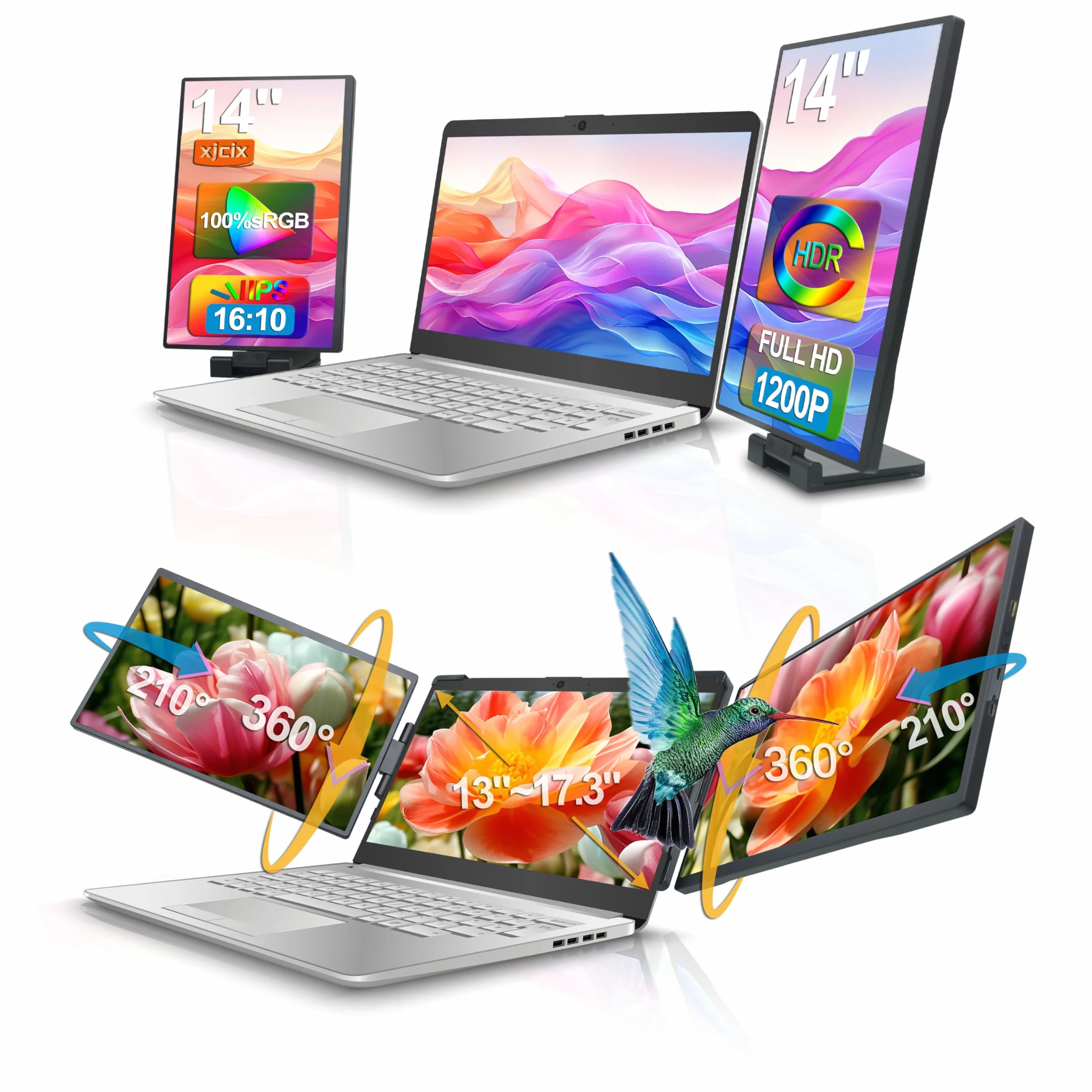 14.1 Cali IPS 1200P Przenośny Ekran Trójscreenowy do Laptopa (z USB Stacja Dokująca) 1920x1200 Dodatkowy Monitor do Laptopów 13-17" Kompatybilny z HDMI USB-A i USB-C do Podróży Biura i Domu