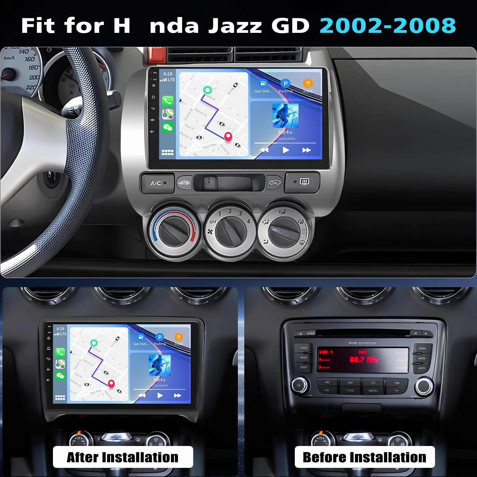 Y1,2 64G Android 15 Radio Samochodowe do H-onda Jazz GD 2002-2008, 9-calowy ekran dotykowy 2K, Bezprzewodowy CarPlay i Android Auto, Nawigacja GPS, Bluetooth, FM RDS, SWC, Mikrofon, Kamera Cofania