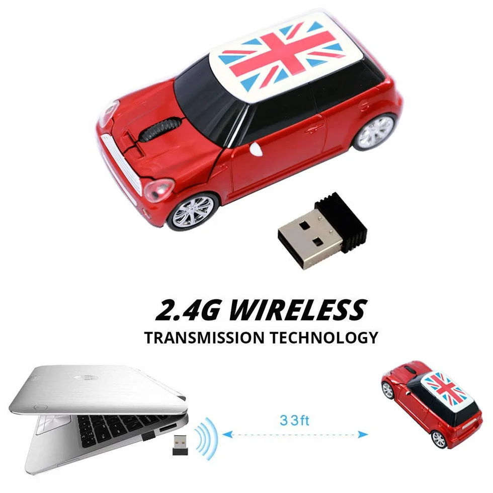 Bezprzewodowa mysz samochodowa, Kamouse super urocza mysz w kształcie samochodu USB komputerowa optyczna mysz do gier z mini odbiornikiem do PC notebooka okna