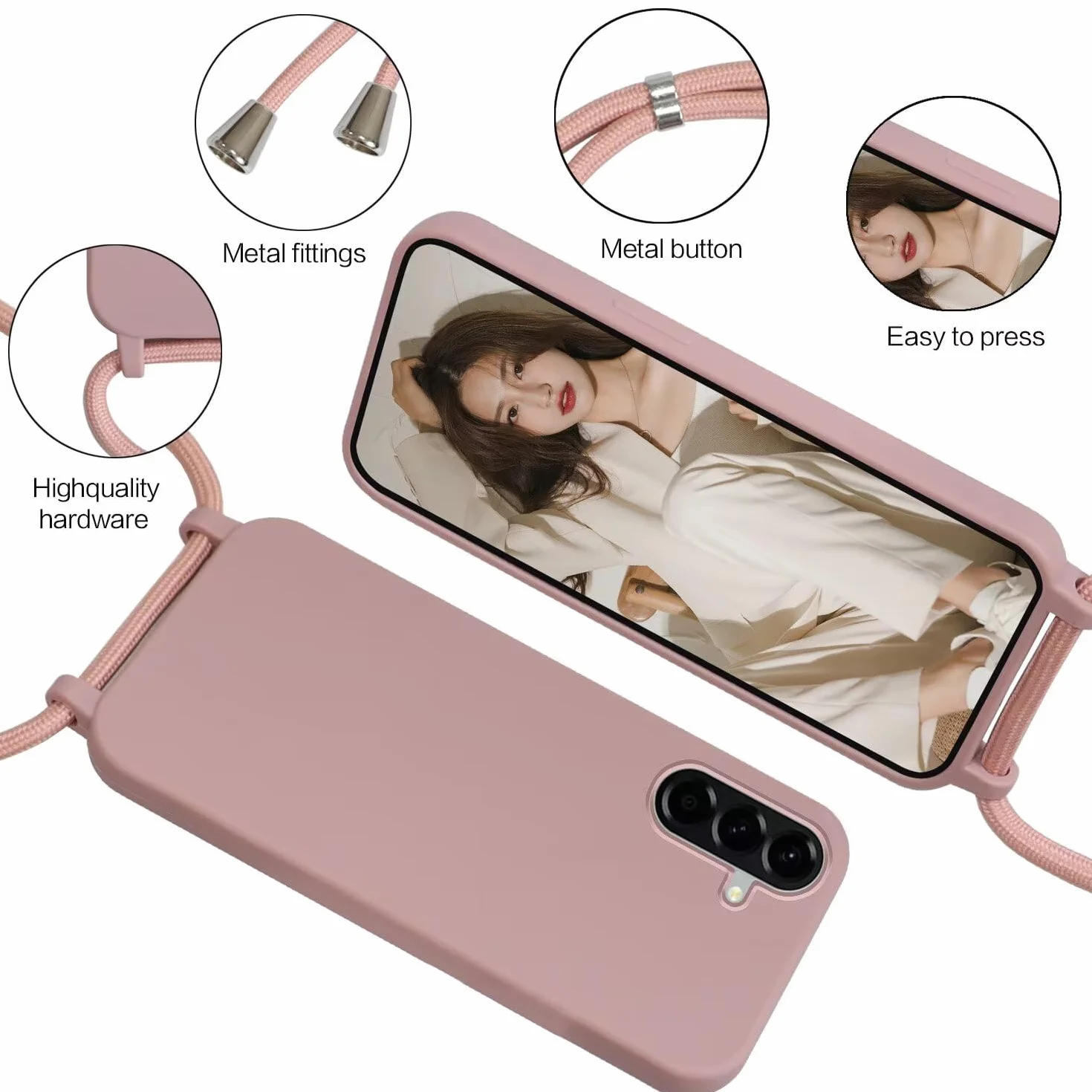 FERLAN Etui kompatybilne z Samsung Galaxy A57, etui na długim pasku, etui ochronne na telefon z płynnym silikonem, regulowany naszyjnik na szyję, miękkie etui, do Samsung Galaxy A57, głęboki róż