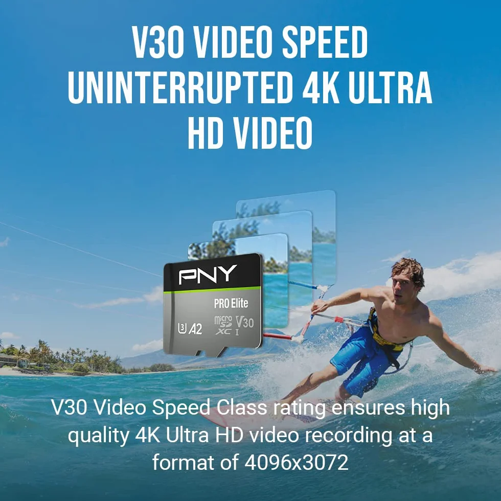PNY PRO Elite 256GB microSDXC Memory Card + SD Adaptor, Class 10 UHS-I, U3, A2 App Performance, V30 for 4K Video, Read speed up to 100MB/s