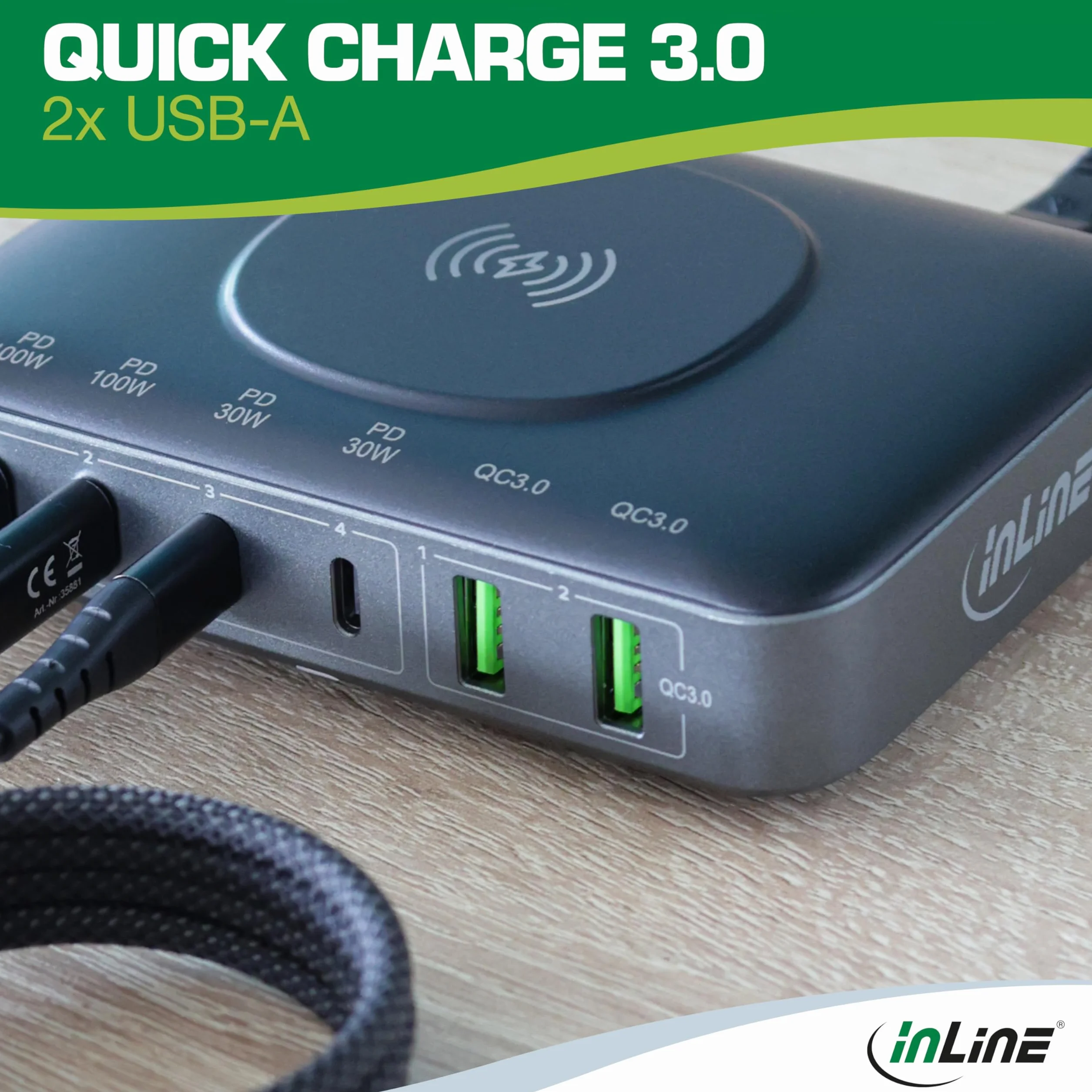 InLine Qi Powerstation 6-portowa, bezprzewodowa ładowarka, 4 x USB-C, 2 x USB-A, GaN, 100 W, szybka ładowarka, zasilacz do MacBook Pro/Air, iPhone/Pro/Mini, iPad Pro, Pixel i innych, czarna, 31517K