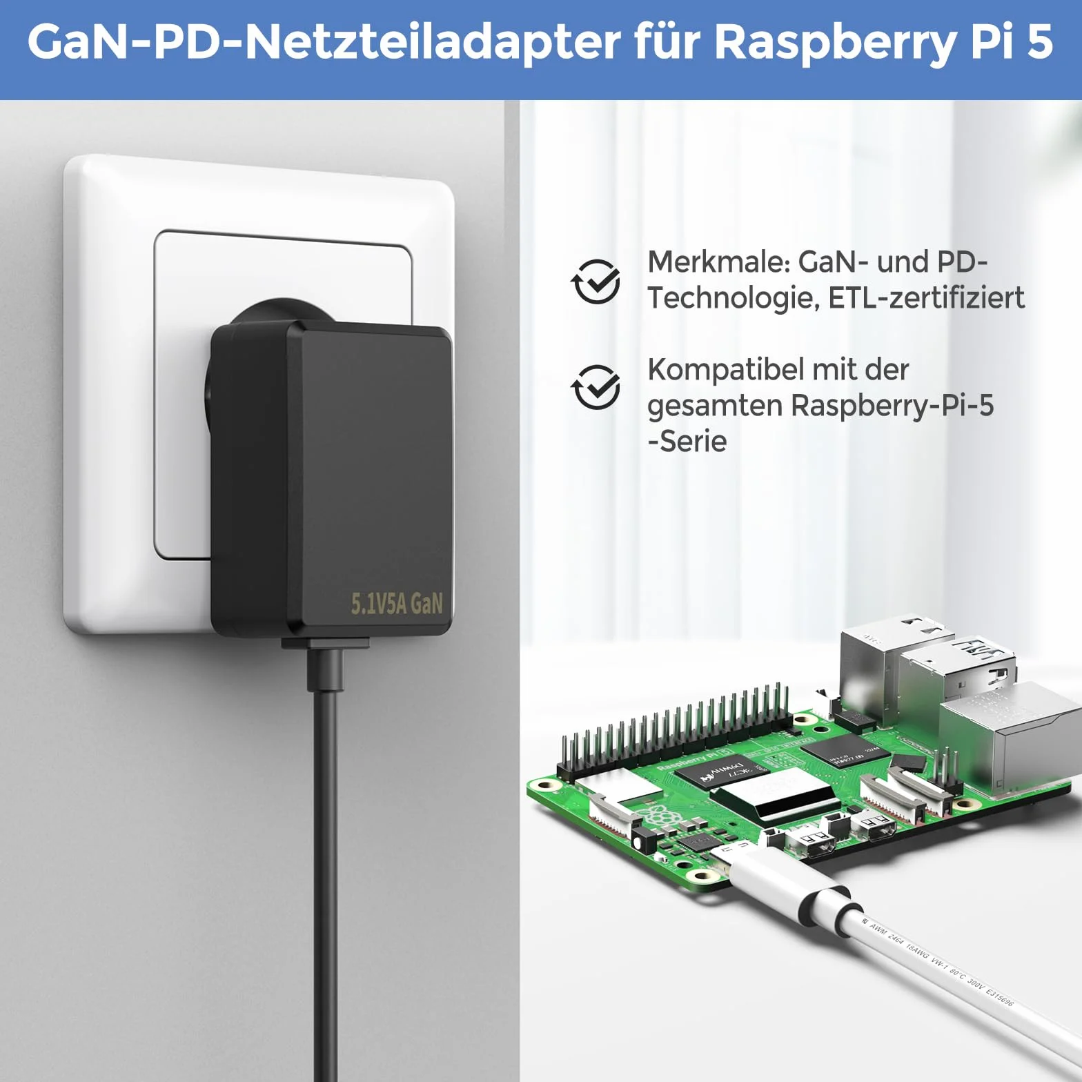InnoMaker Zasilacz USB-C 5.1V/5A PD GaN dla Raspberry Pi 5