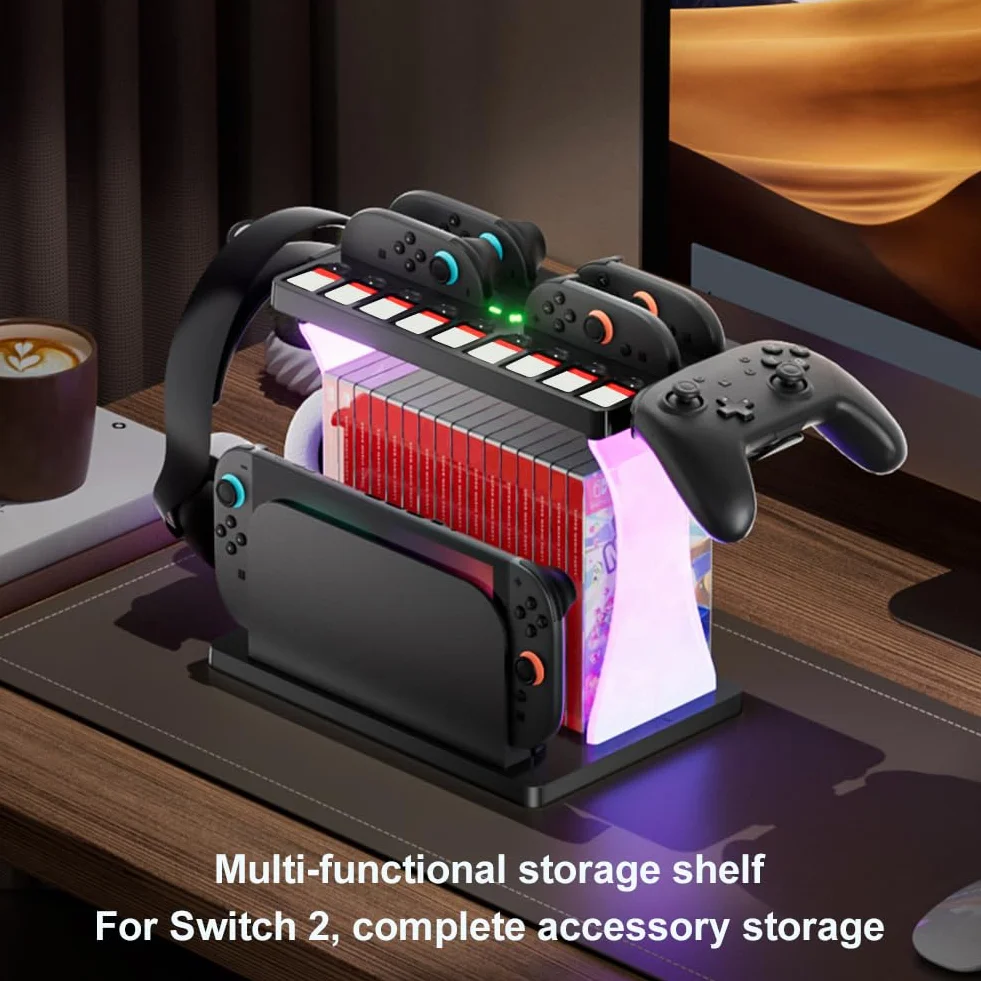 Stojak do przechowywania gier Switch2 ze stacją ładującą RGB Organizer dysków i kontrolerów