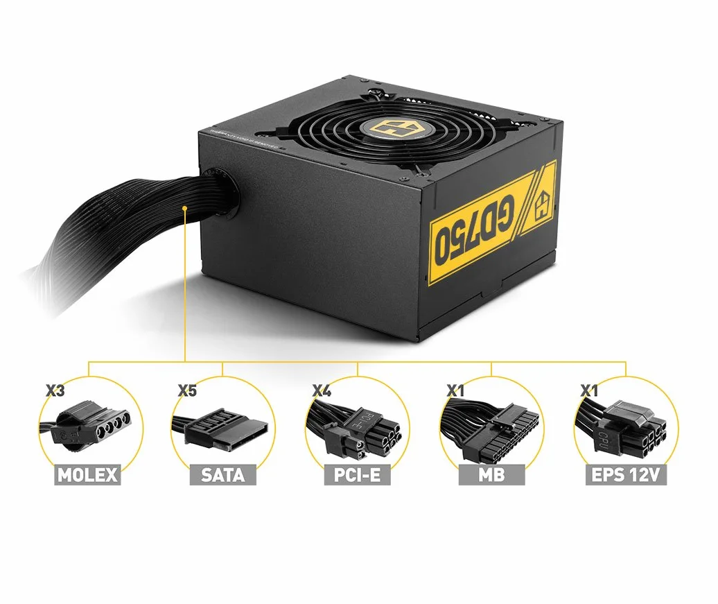 NOX Hummer GD 750 -NXHUMMER750GD Źródła zasilania 750W, certyfikat 80 PLUS Gold, ultra cichy wentylator 120 mm, kompatybilny z ATX12v, wejście 230W, kolor czarny