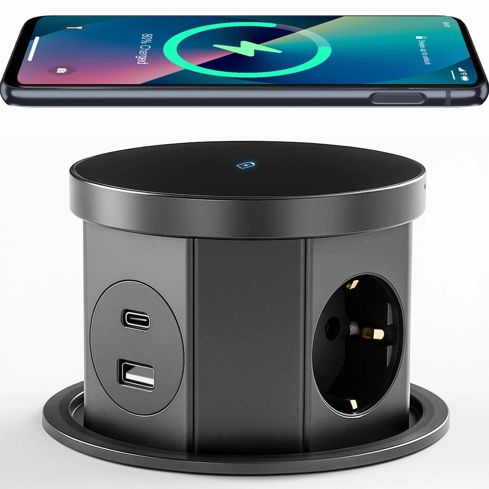 3-krotne wpuszczane gniazdko, z bezprzewodową ładowarką 15 W, 1 USB C, 1 USB-A, wpuszczane gniazdko kuchenne, kabel 1,5 m, do biura, kuchni, sypialni, średnica 120 mm