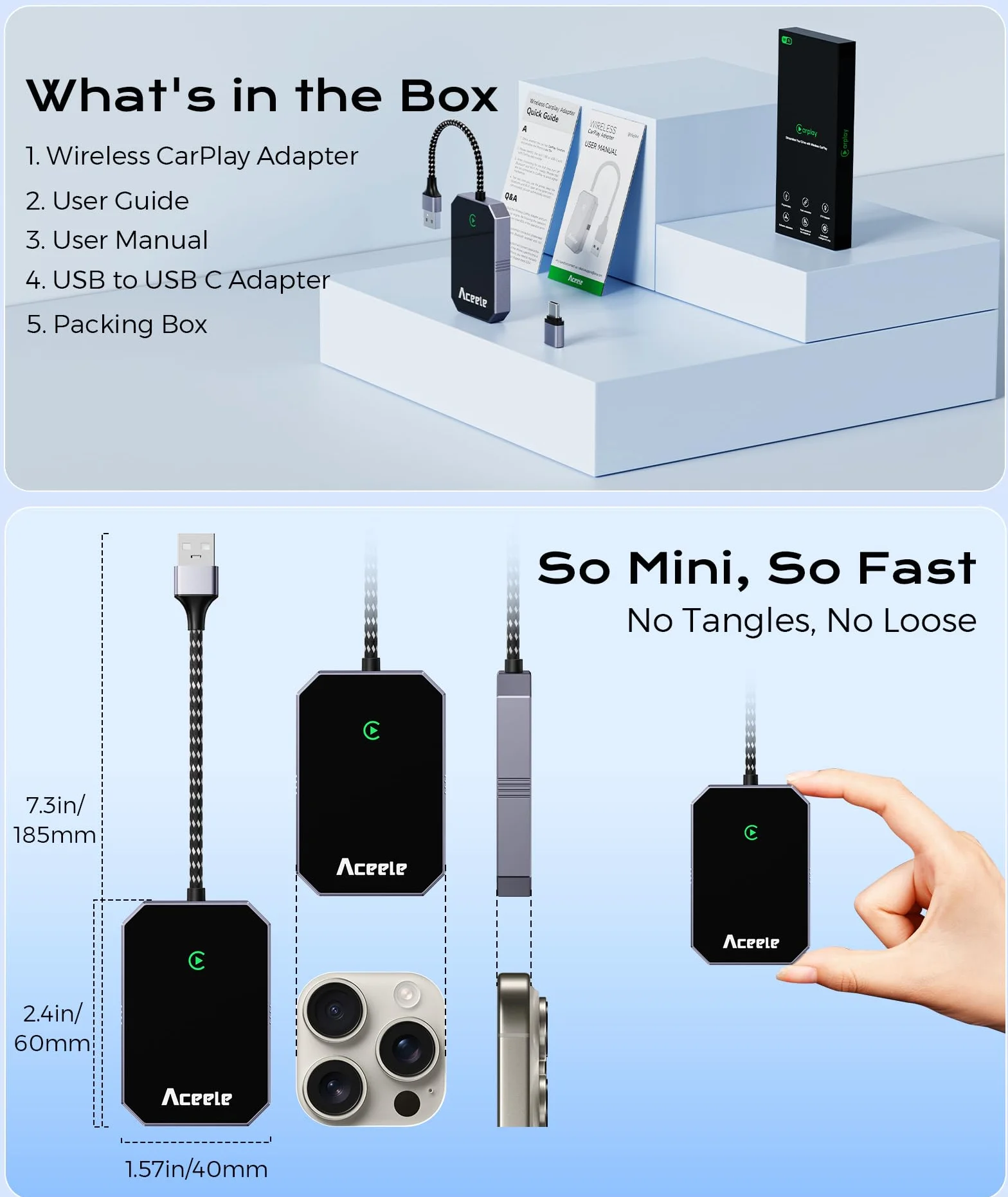Aceele CarPlay bezprzewodowy adapter do Apple iPhone iOS 10+, USB C/A Car Play, adapter Plug and Play, Mini CarPlay pendrive USB do samochodów od 2016 roku (nie jest obsługiwany przez Android)