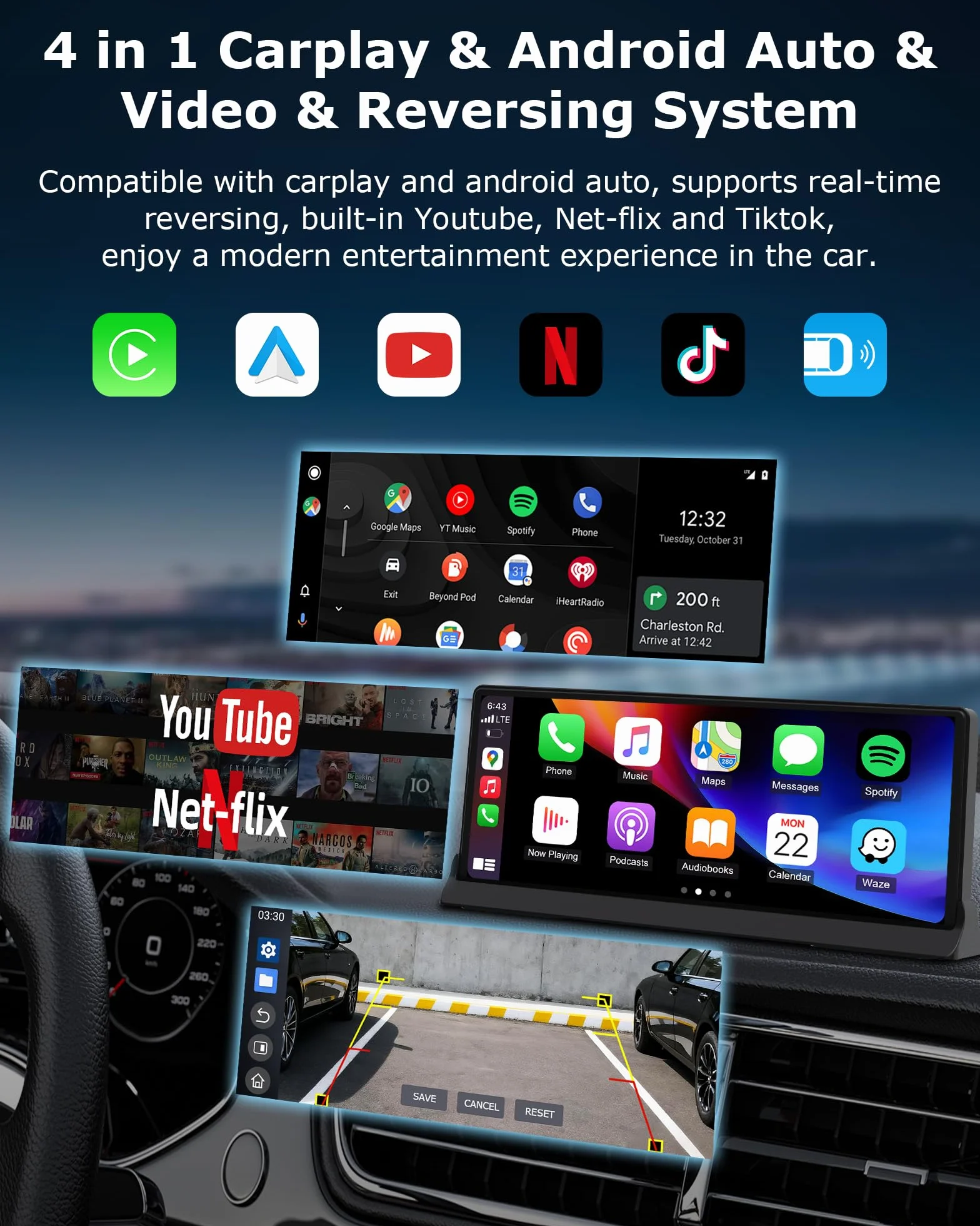 Ekran 4 w 1 do samochodu Carplay Android Auto Avec You.tube/Net.flix/Tik.tok | Obsługa Exclusif 10,26 Pouces Android Auto Display radio samochodowe do samochodu, z kamerą Recul Wi-Fi dwupasmowy, Bluetooth