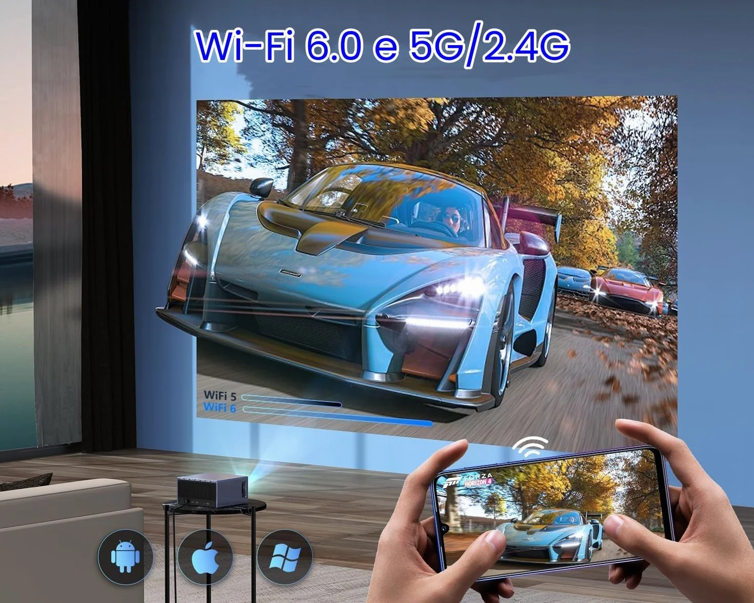 Auto Focus / Keystone. Projektor 4K, WiFi 6 Bluetooth 5.3, 1080P Nativo Full HD, projektor kina domowego 4k do smartfona, Fire TV, PS5, Switch