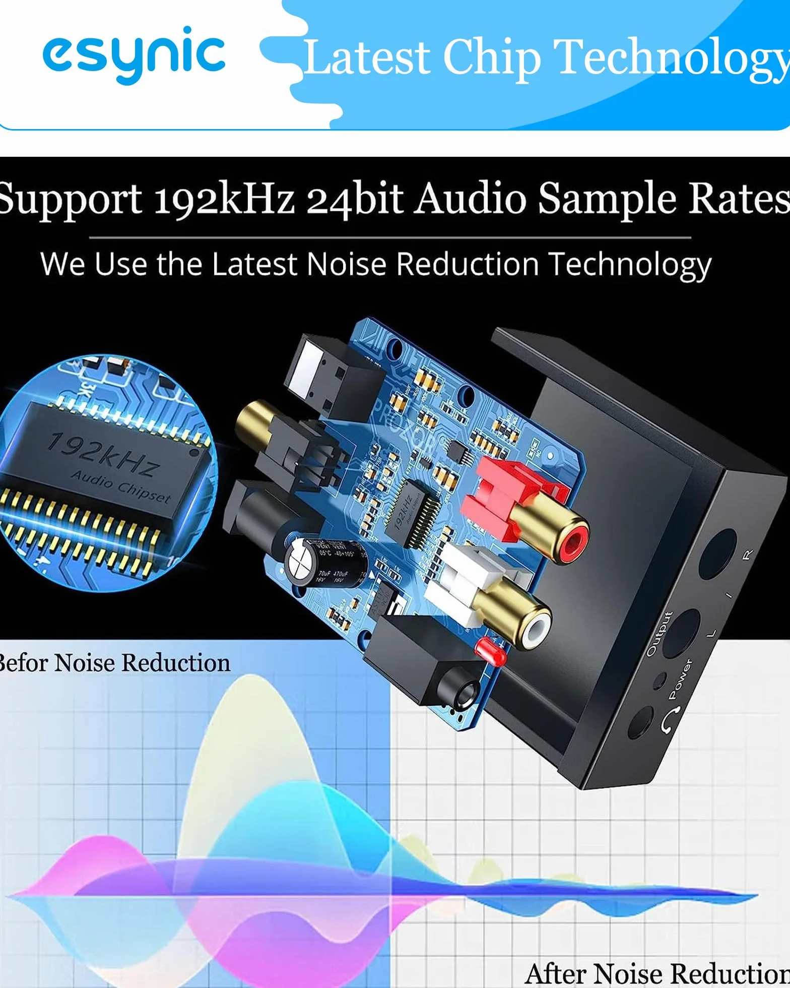 eSynic DAC konwerter cyfrowy na analogowy adapter audio RCA L/R wyjście 3,5 mm stereo z kablem optycznym do słuchawek PS3 Xbox 360 HDTV niebieski RAY DVD Sky HD Apple TV