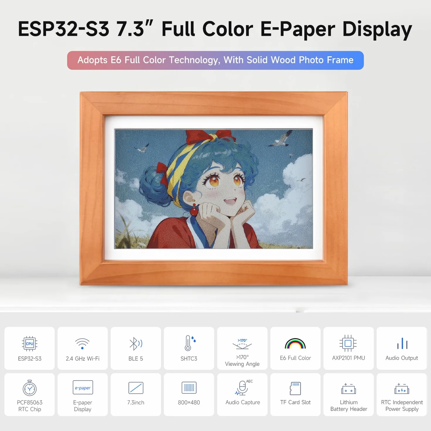 Waveshare ESP32-S3-PhotoPainter 7.3inch E6 Full Color E-Paper Display with Solid Wood Photo Frame, Ultra-Long Standby, 800 × 480 Resolution, No BAT