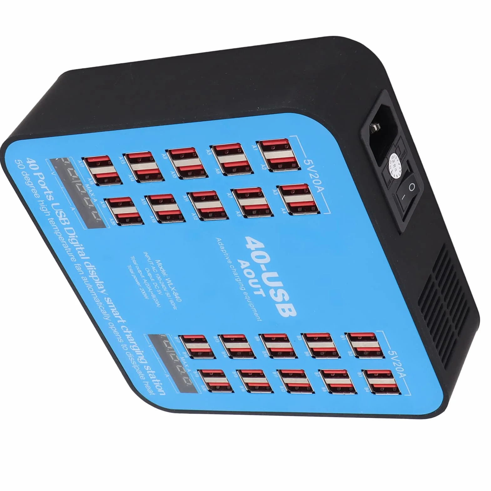 Wieloportowa Stacja ładująca USB, Koncentrator ładujący WLX‑840 z 40 Portami i Cyfrowym Wyświetlaczem LCD, Wieloportowa ładowarka 200 W do Tabletu z Telefonem Komórkowym(Wtyczka UE)