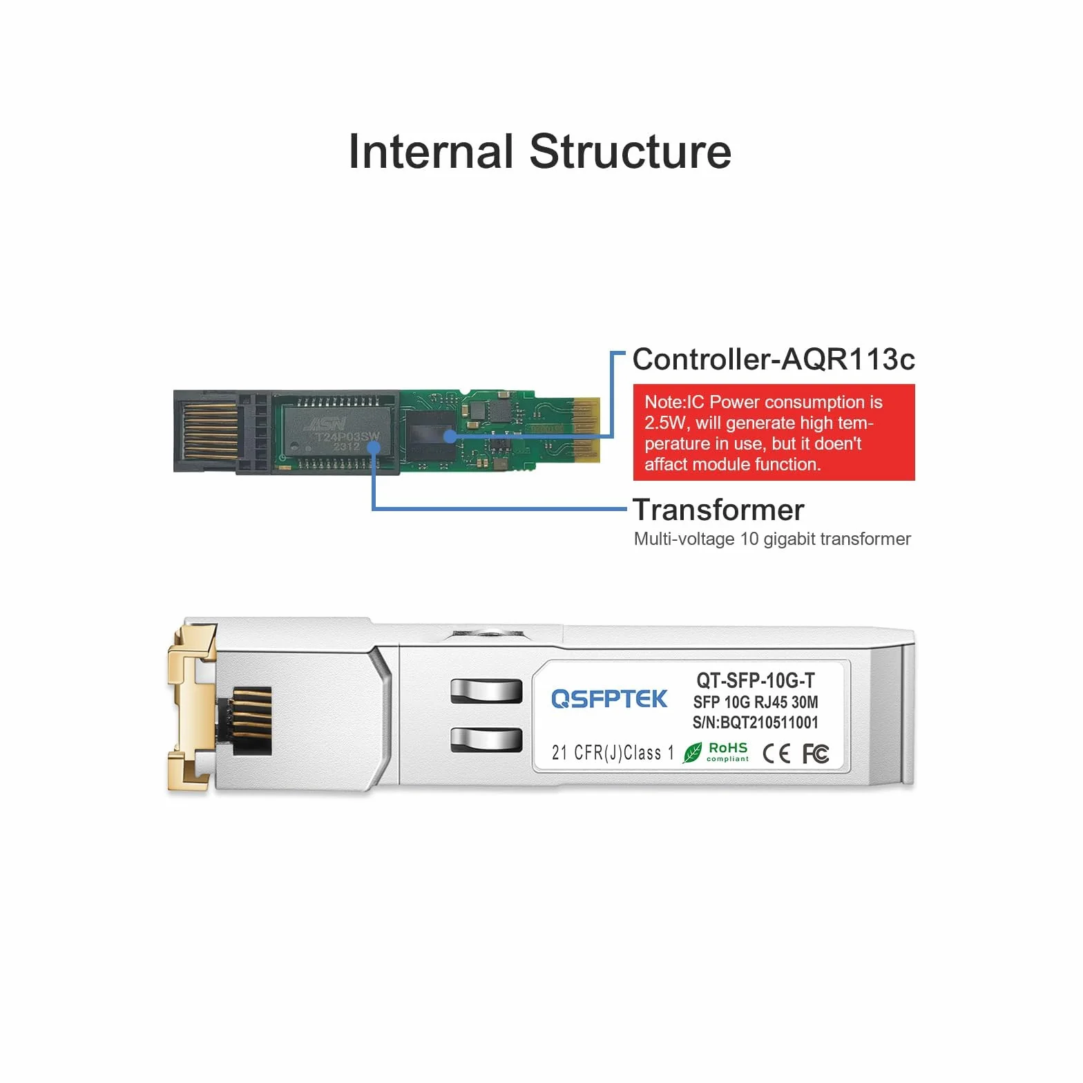 QSFPTEK 1,25G/2,5G/5G/10G-T SFP+ RJ45 30 m 10 Gb-T moduł miedziany 10GBASE-T nadajnik-odbiornik Mini-Gbic do Cisco SFP-10G-T-S, Ubiquiti UF-RJ45-10G, Mikrotik, do 30 m