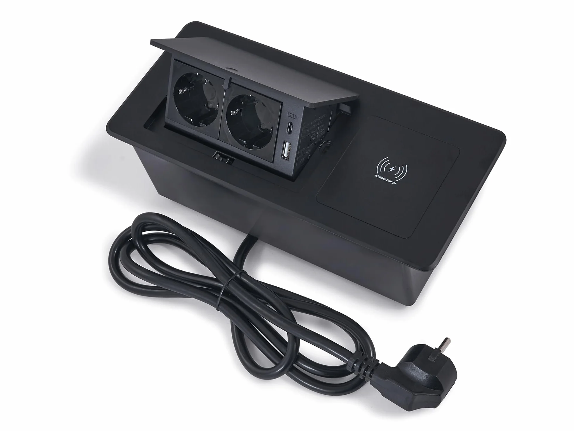 Listwa Zasilająca Wpuszczana W Blat Multibox VII – 2x Gniazdo 230V, USB-A, USB-C – Ładowarka Indukcyjna Qi – Czarny Mat – Gniazdo Nablatowe Do Kuchni I Biura