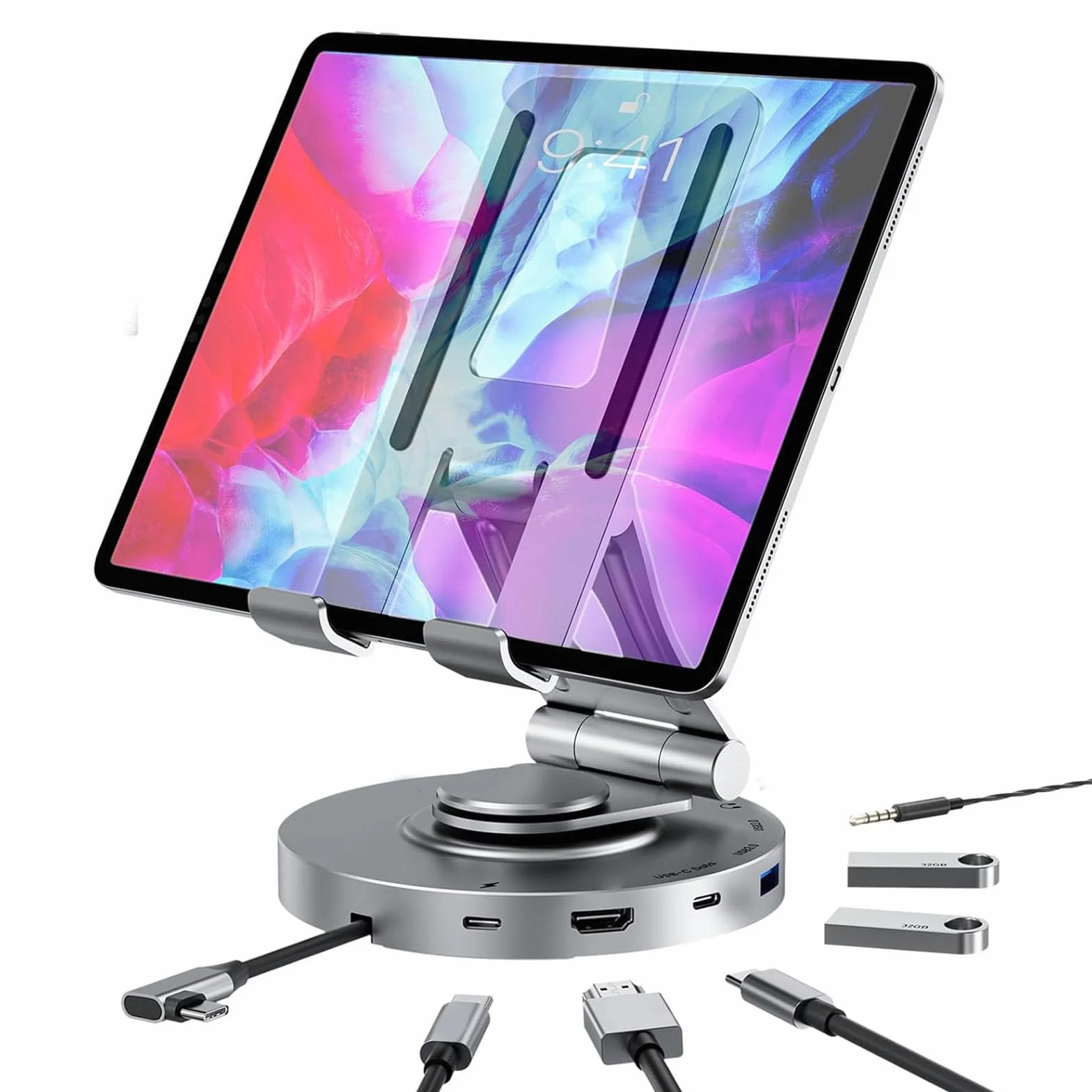Stojak na stację dokująCą USB C, Regulowany Uchwyt na Tablet 10 W 1 z Czytnikiem Kart 4K 60 Hz Gigabit Ethernet 3,5 Mm Jack 100 W PD, Laptopy, Tablety, Konsole do Gier