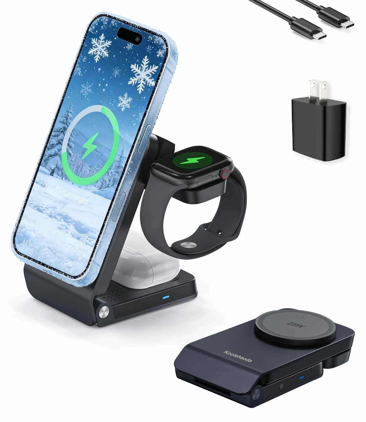Koolehaoda Qi2.2 25 W 3 w 1 Ładowarka Bezprzewodowa do Mag Safe | Składana Indukcyjna z Aktywnym Chłodzeniem TEC kompatybilna z iPhone 17-12, Apple Watch i Air-Pods(Wyposażony w zasilacz 45W)