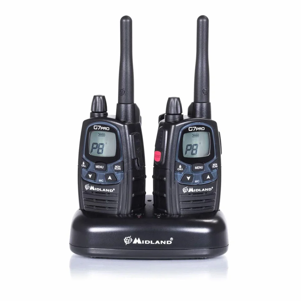 Midland G7 Pro PMR+LPD C1090.06 wytrzymałe urządzenie do profesjonalnego lub prywatnego użytkowania, z wyświetlaczem LCD, łącznie z podwójną ładowarką i klipsami do paska, 2 sztuki w zestawie