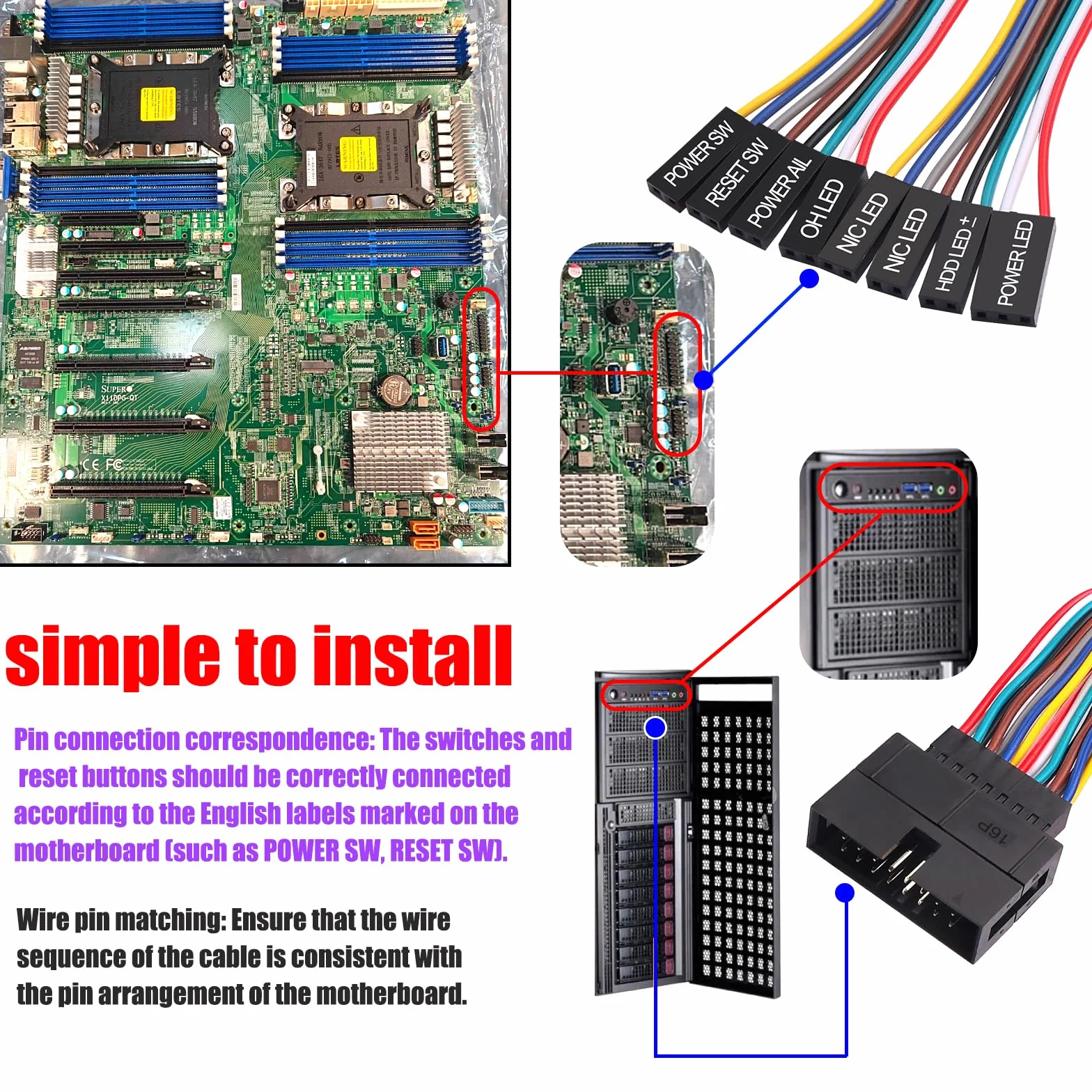 16-biegunowy na 8x2-biegunowy adapter kabla rozgałęźnego Super-Micro-Server adapter przedłużający kabel przedniego panelu obudowy 22cm/8,8in