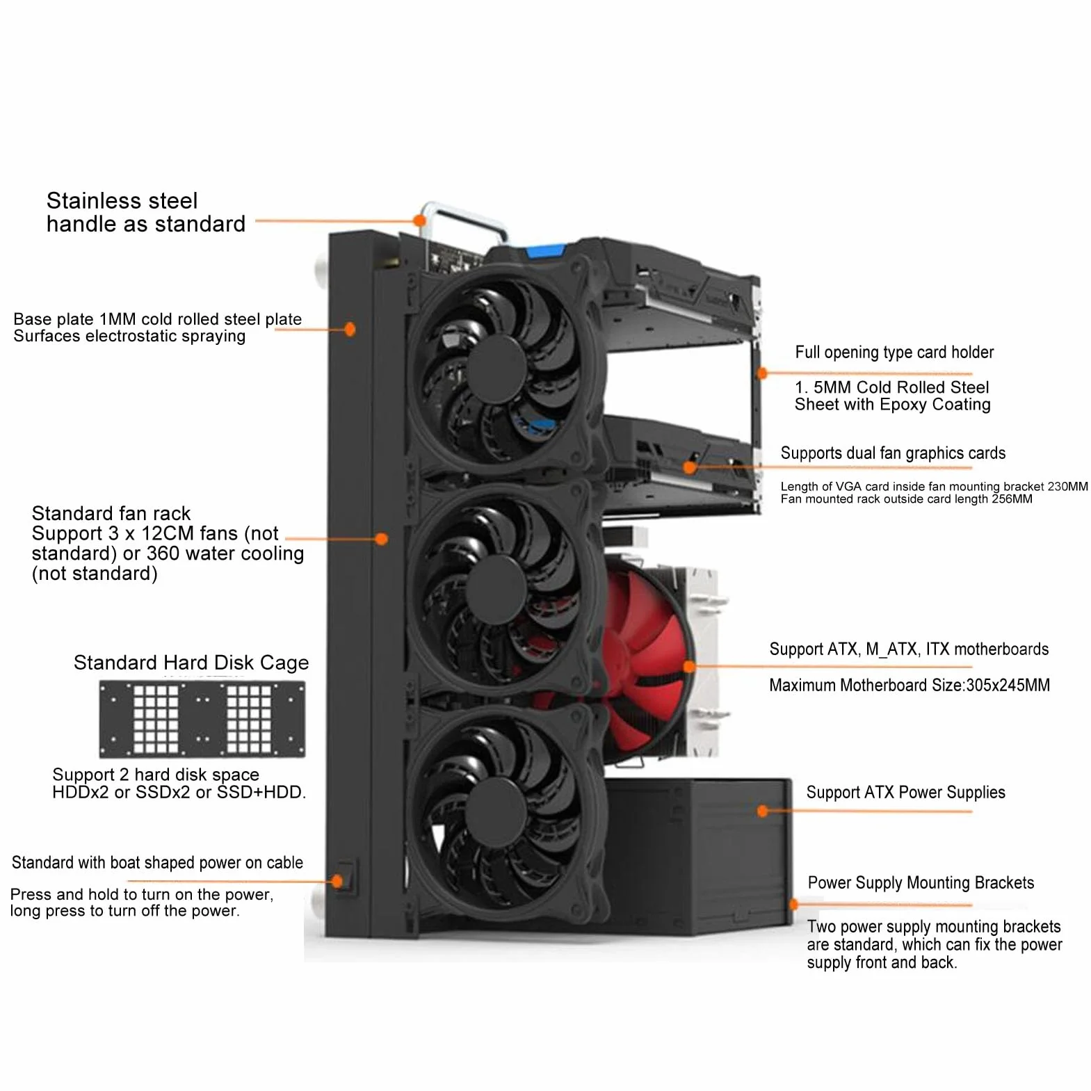 Obudowa Komputera do Gier DIY, Otwarta Obudowa ATX do Płyt Głównych ATX M ATX ITX, Otwarta Rama Obudowy Komputera do Gier z Uchwytem, ​​Akcesoria do Płyt Głównych SSD