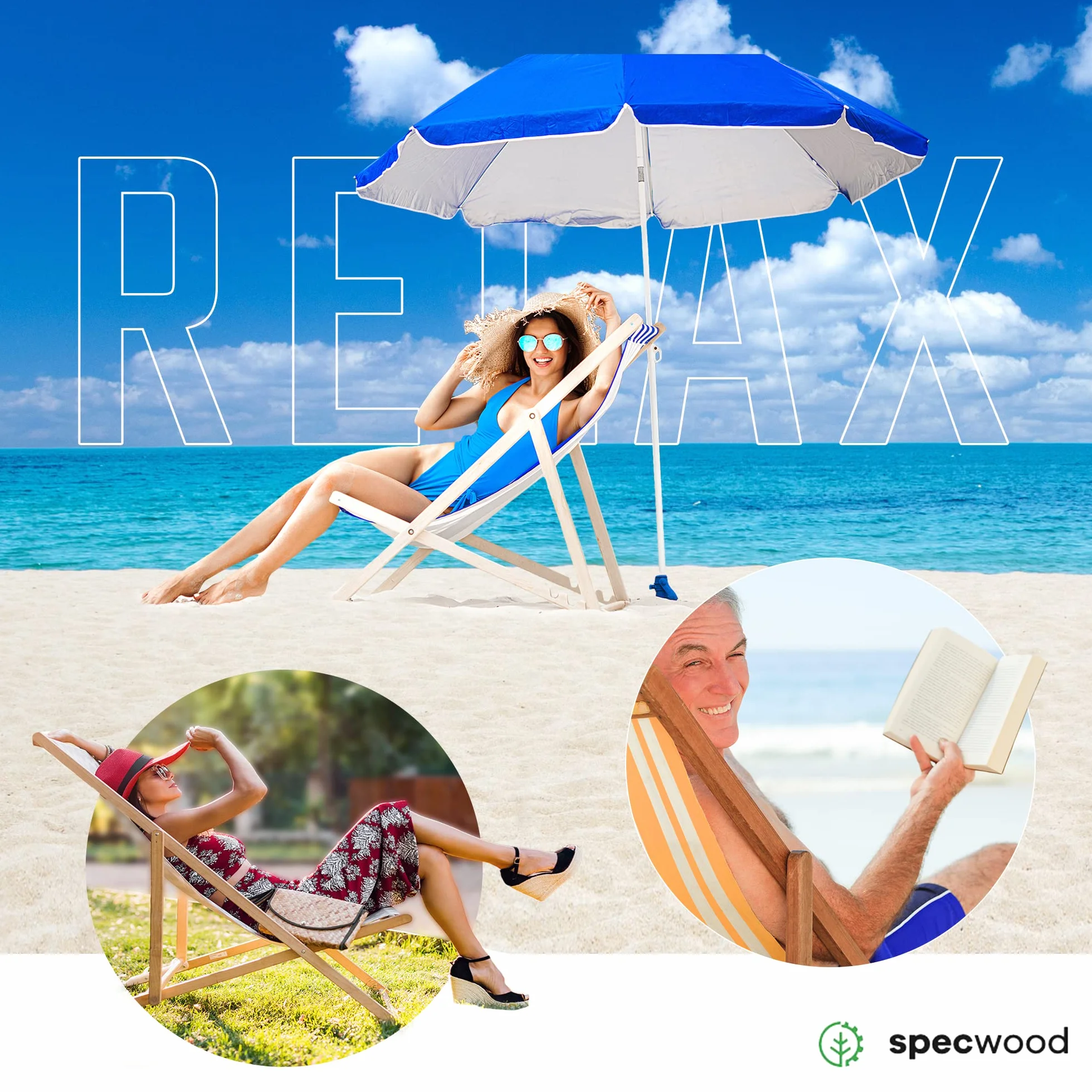 spec-wood Leżak drewniany plażowy/ogrodowy Regulowany Wytrzymały i Solidny Praktyczny Materiał Składany Łatwy w transporcie 119 cm x 58 cm Wzór Morski
