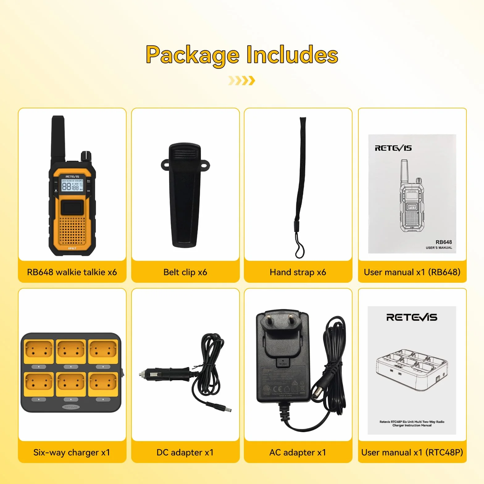 Retevis RB648 Walkie Talkie, IP67 Wodoodporne Radio Z 6-DrożNą łAdowarką, 2000mAh, Podwójny PTT, Wibracja VOX, Wytrzymałe Walkie Talkie dla Dorosłych, Miejsca Pracy, Przemysłowe (6 Szt., Żółty)
