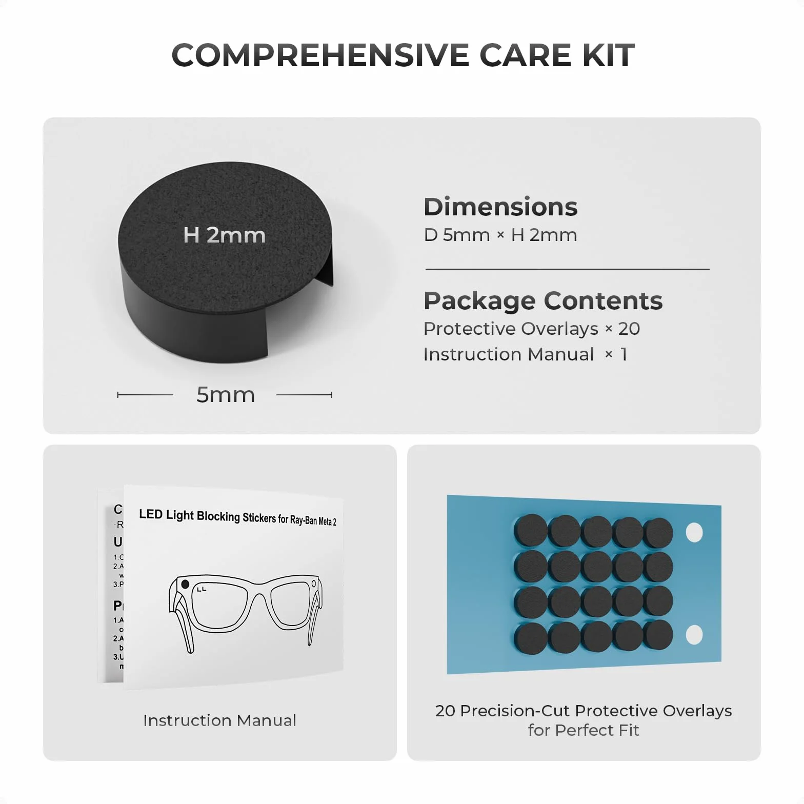 Naklejki LED do inteligentnych szkieł - kompatybilne z Ray-Ban Meta Wayfarer, Skyler, Headliner & Oakley HSTN - wielokrotnego użytku miękkie okładki, matowe czarne wykończenie, 20 szt